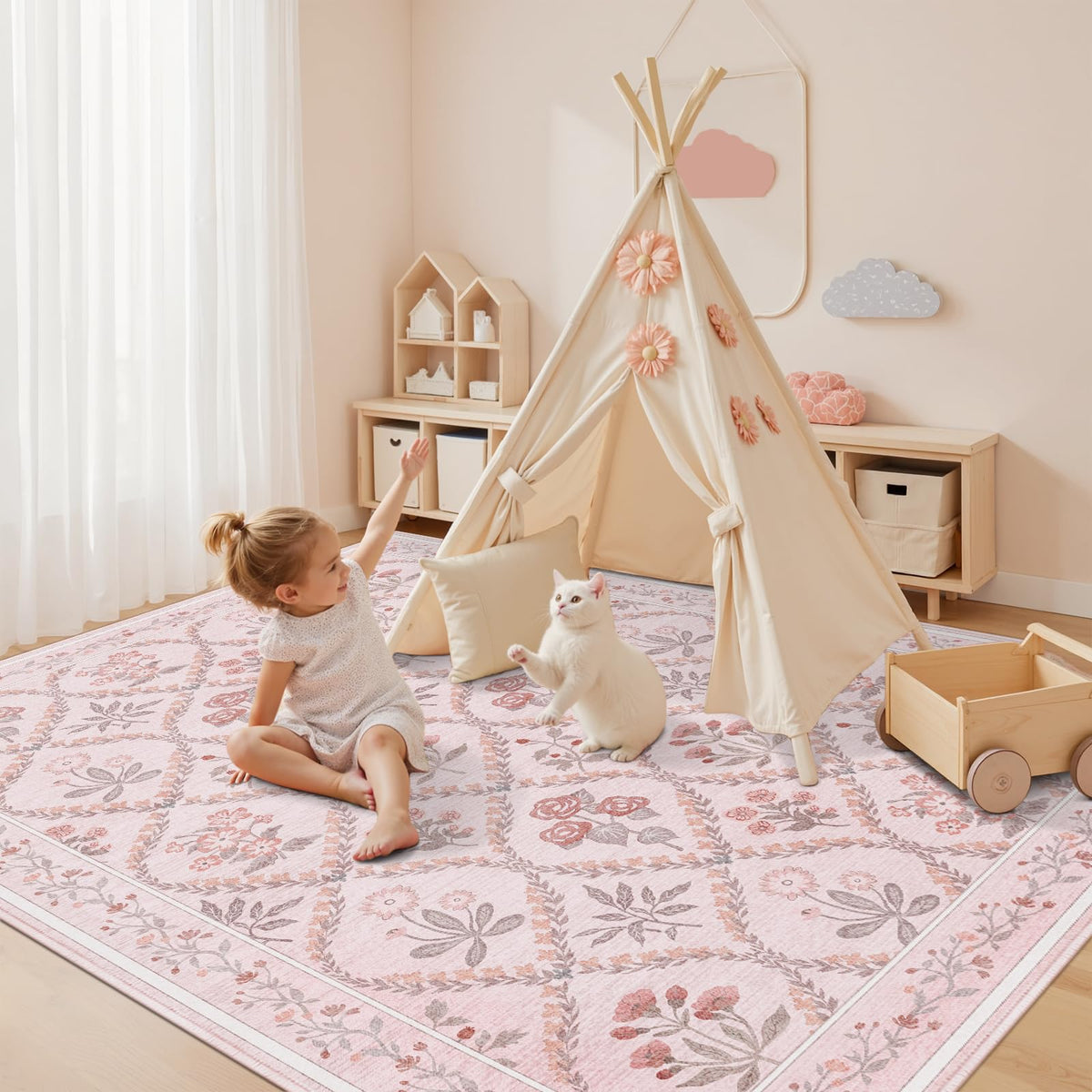 Dadasgk Area Rug 5x7 Washable Rugs for Living Room, Pink Boho Floral Rugs for Bedroom Nursery Girls, Soft Non-Slip Low-Pile Large Carpet for Kids Room Playroom Dorm Dining Room, Light Pink Cute