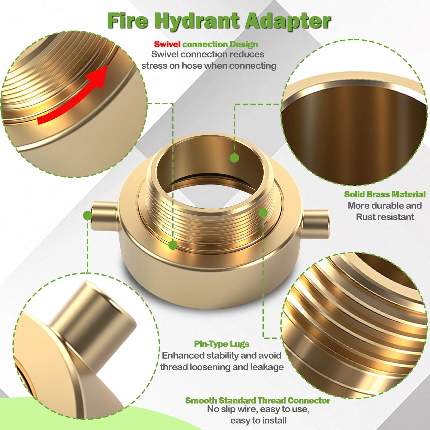SpringSpray Swivel 2-1/2" NST (NH) Female x 2" NPT Male Brass Fire Hydrant Adapter with Pin Lug Brass Fire Equipment Hose Adapter