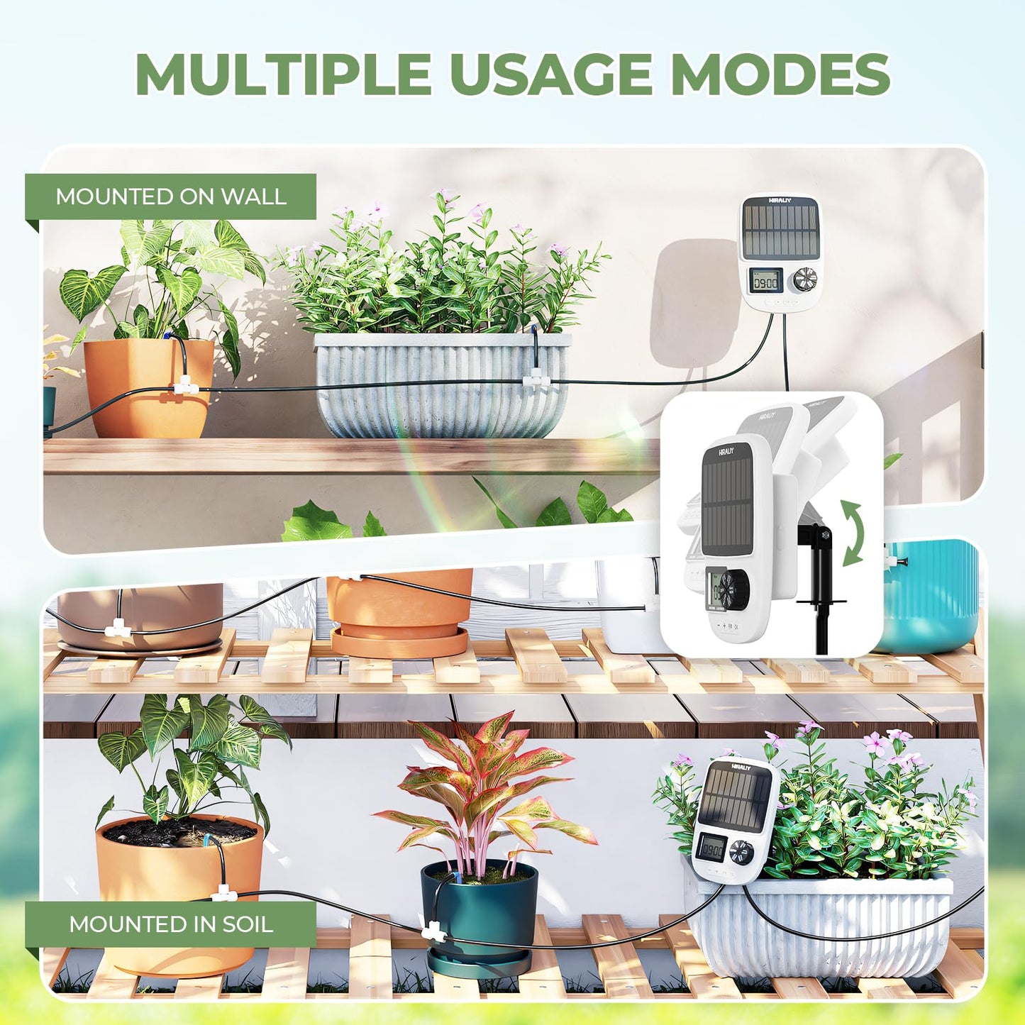 HIRALIY Solar Automatic Drip Irrigation Kit System with Drip Emitter Stake, Auto Easy DIY Watering Device Supported Pots Plants, 6 Modes Timer
