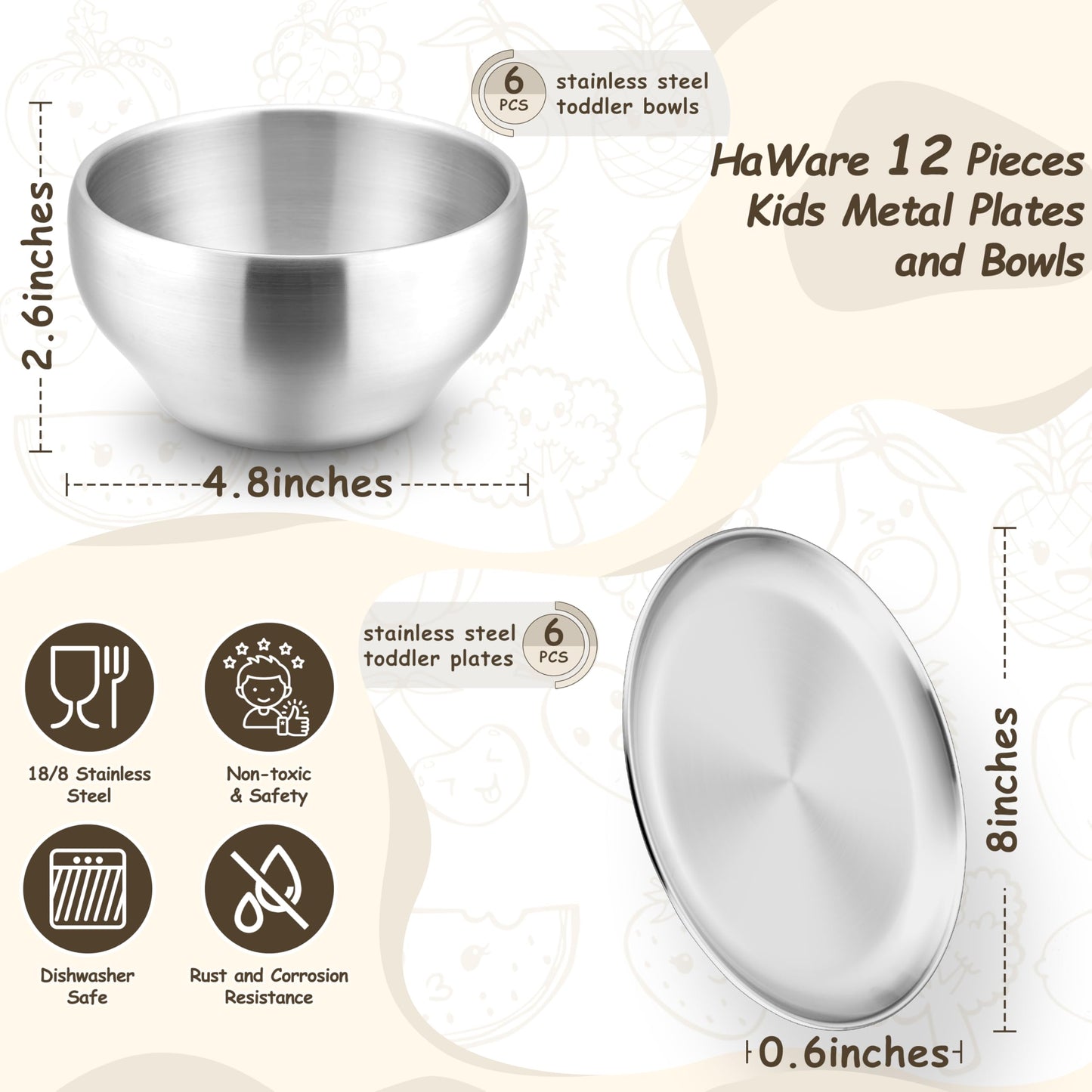HaWare Kids Plates and Bowls, 12 Pieces Stainless Steel Dish Set, Reusable Dinnerware for Camping, Hiking, Travel, Picnic, Non-toxic Tableware set for Kids Self-feeding, Dishwasher Safe