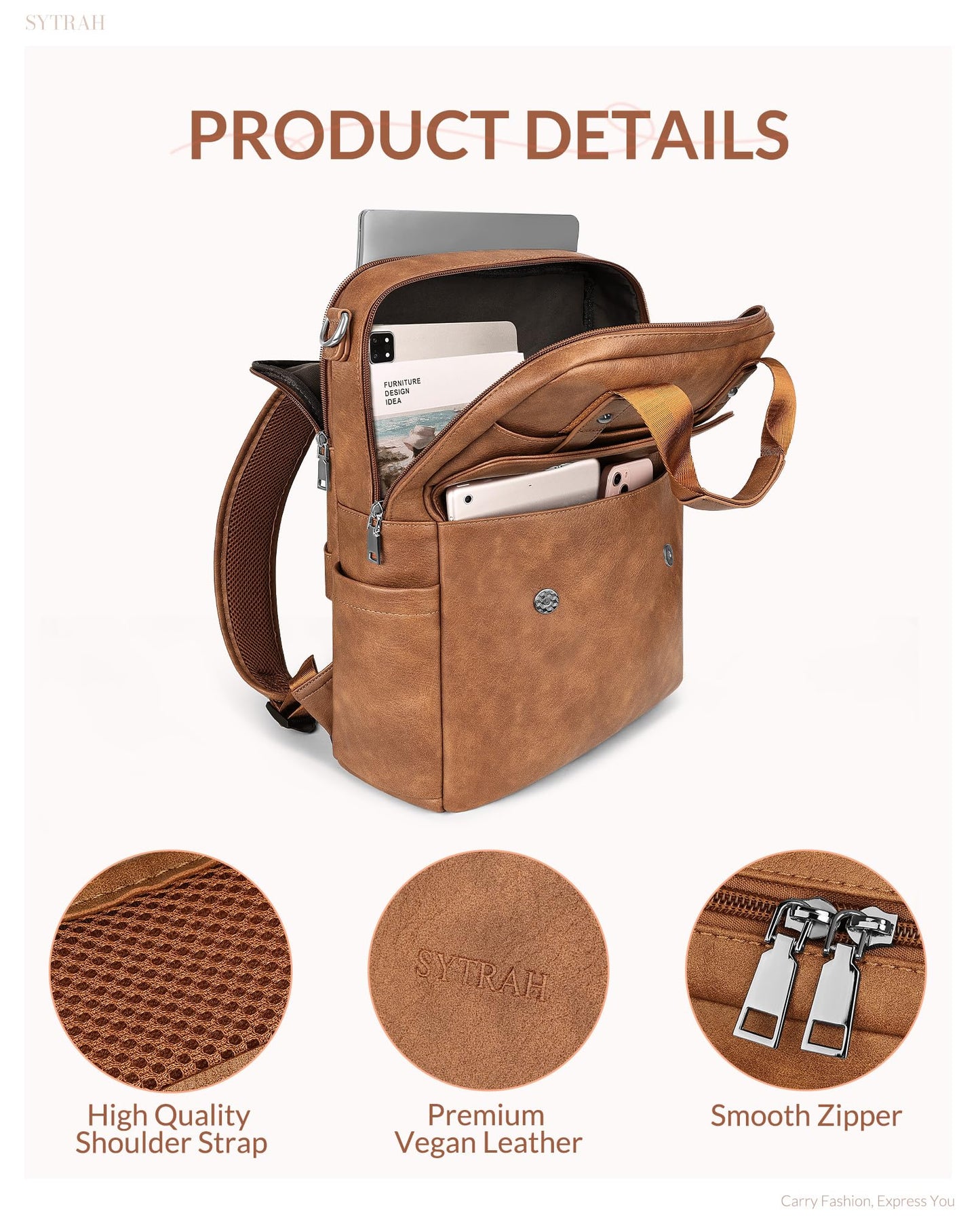 SYTRAH Leather Laptop Backpack 15.6 Inch Womens Laptop Bag, 3 IN 1 Computer Bag Handbag with Colorful Shoulder Bag Strap for Work Travel College Mocha Brown