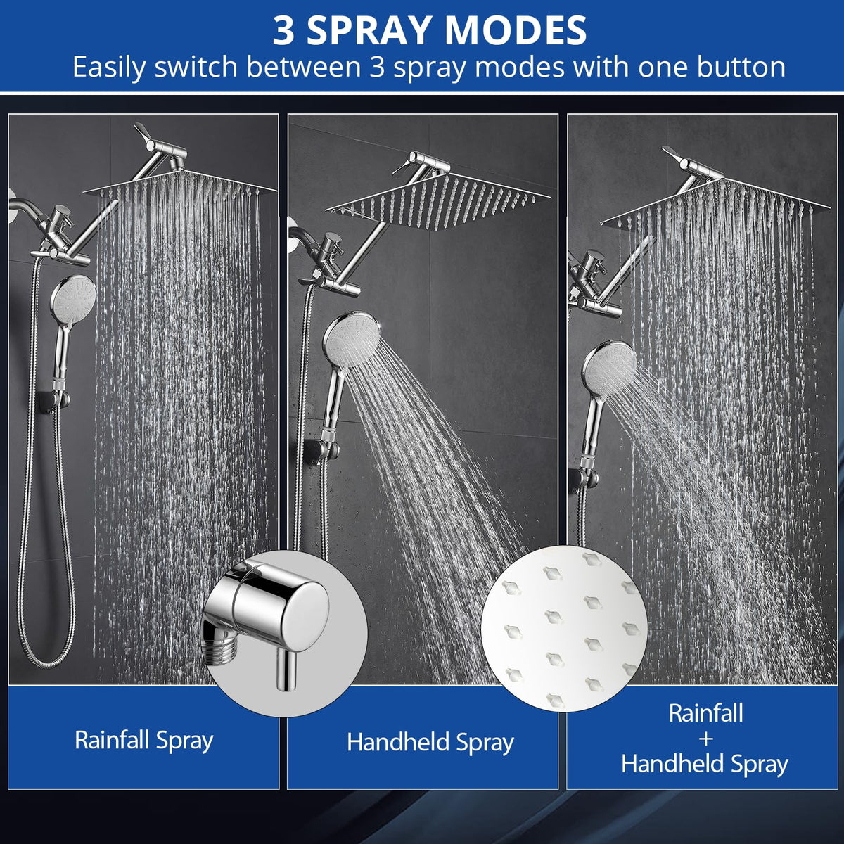 Shower Head, 10 Inch High Pressure Rainfall Shower Head/Handheld Shower Combo with 11 Inch Extension Arm, 9 Settings Adjustable Anti-leak Shower Head with Holder/Hose, Height/Angle Adjustable