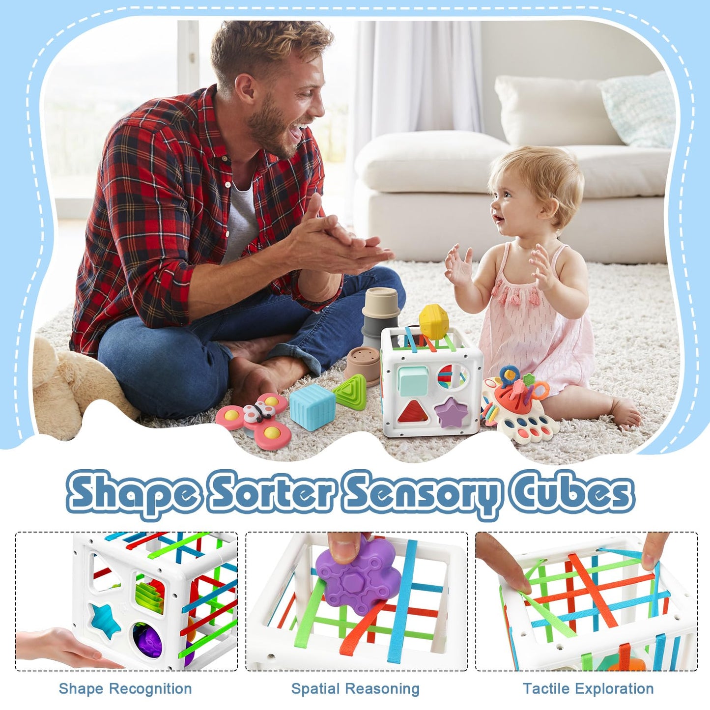 6 in 1 Baby Montessori Toys for 6-12 Months, Montessori Toys for Babies Incl Pull String Toy, Stacking Cups, Tissue Box Toy, Suction Cup Spinner Toys, Stacking Blocks, Activity Cube Gift for Boy Girl
