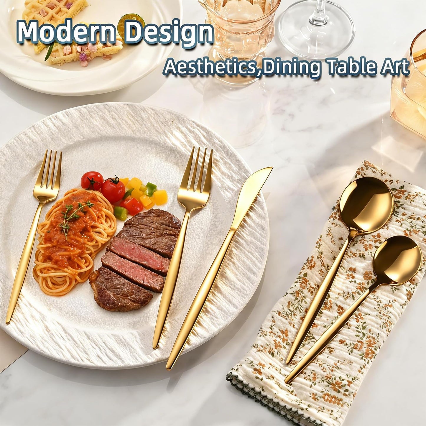 40 Piece Gold Silverware Set for 8, Stainless Steel Cutlery Set, Mirror Polished Flatware, Dishwasher Safe Tableware for Home, Wedding & Party