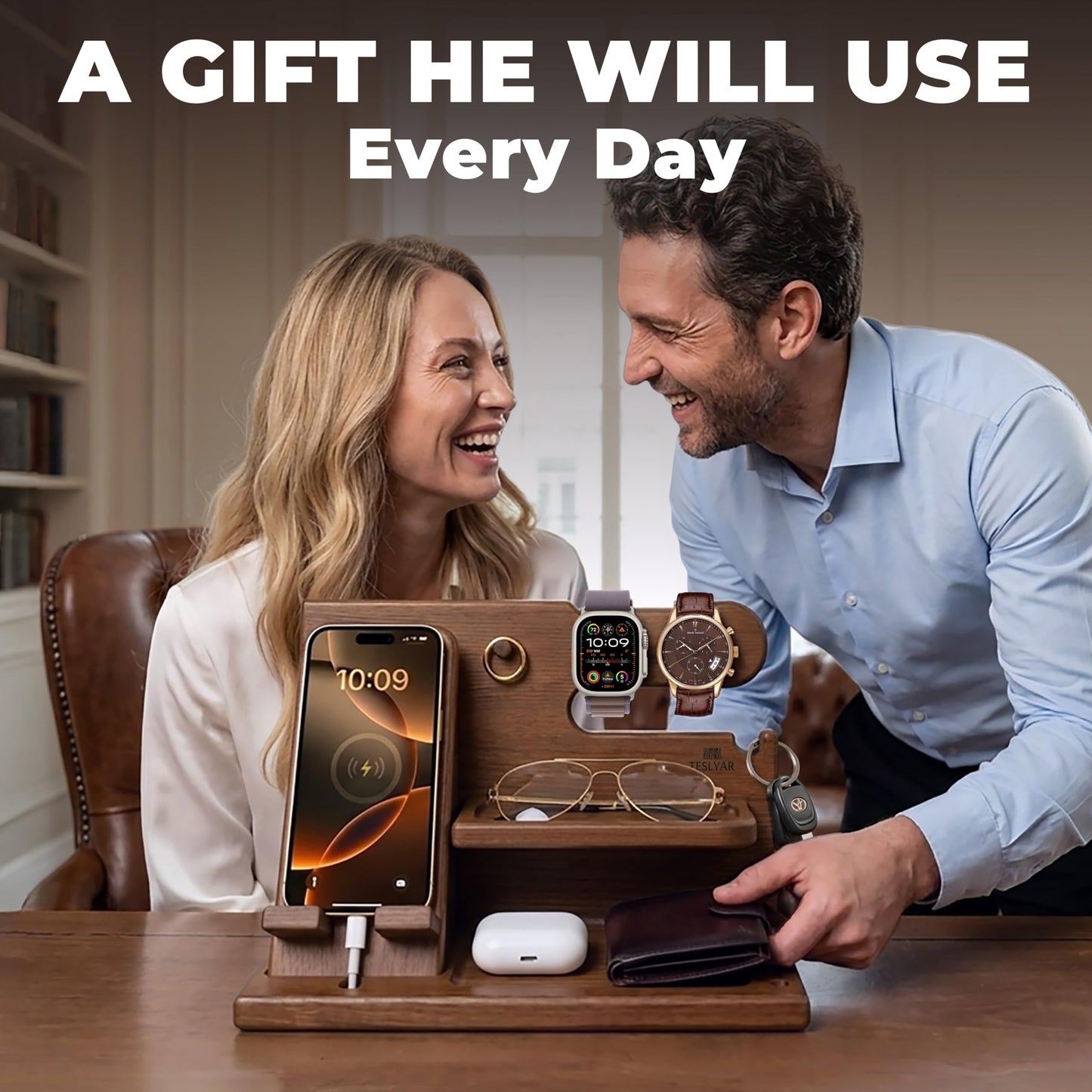 TESLYAR Wood Phone Docking Station - Gifts for Men - Desk or Nightstand Organizer - Birthday Gift for Husband, Dad - Anniversary Idea from Wife - Key Holder, Stand Wallet & Essentials (Earth Beige)
