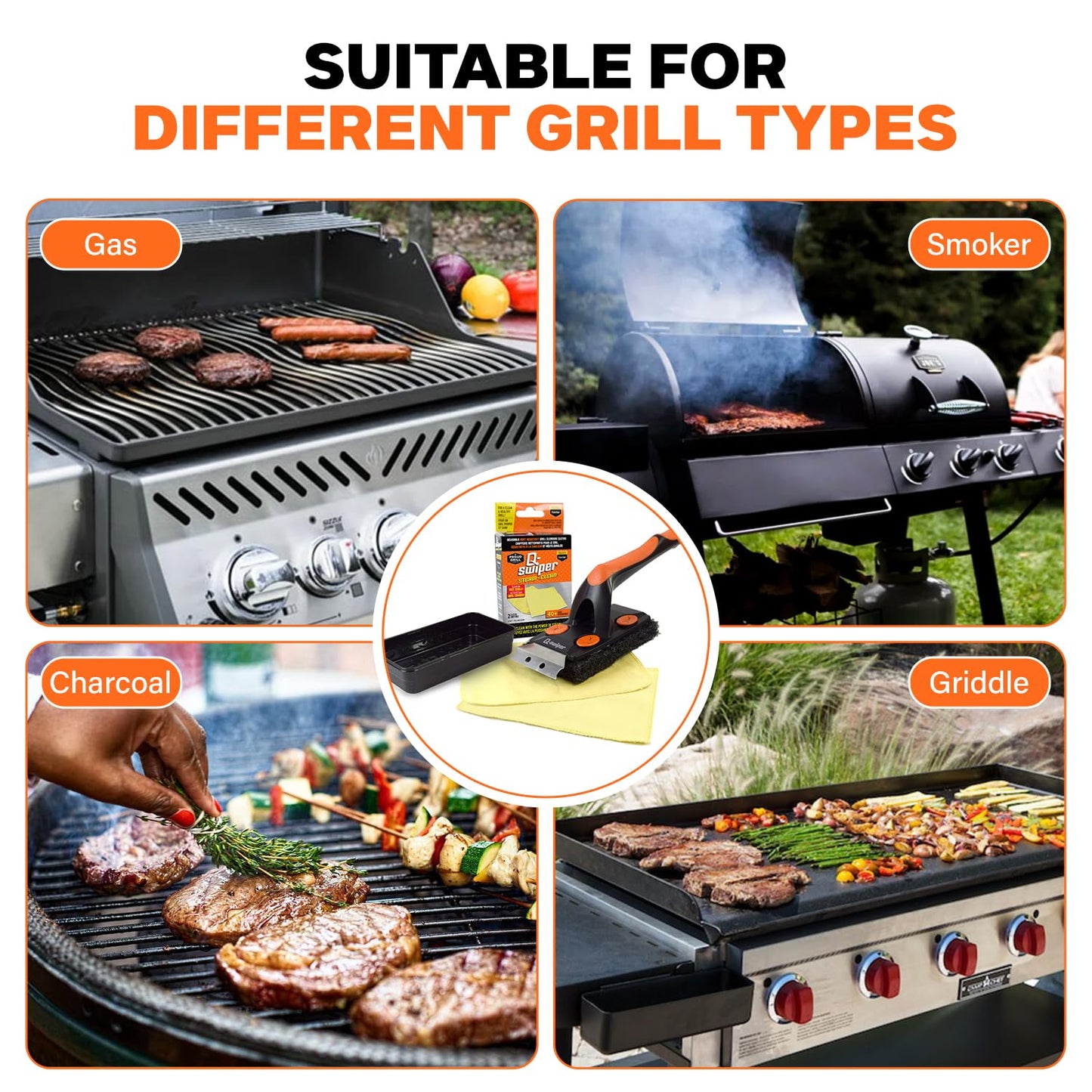 Q-Swiper XL Steam-Clean Grill Cleaning Value Set | Bristle-Free Brush with Scraper | Dipping Tray, 4 Kevlar® Heat Resistant Cleaning Cloths | Safe Way to Steam Away BBQ Grill Grease & Grime