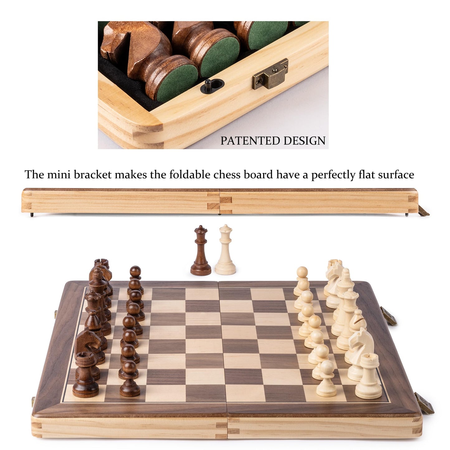 A&A 15" Magnetic Wooden Chess & Checkers Set/Folding Board / 3" King Height German Knight Staunton Chess Pieces/Walnut & Maple Inlaid /2 Extra Queen