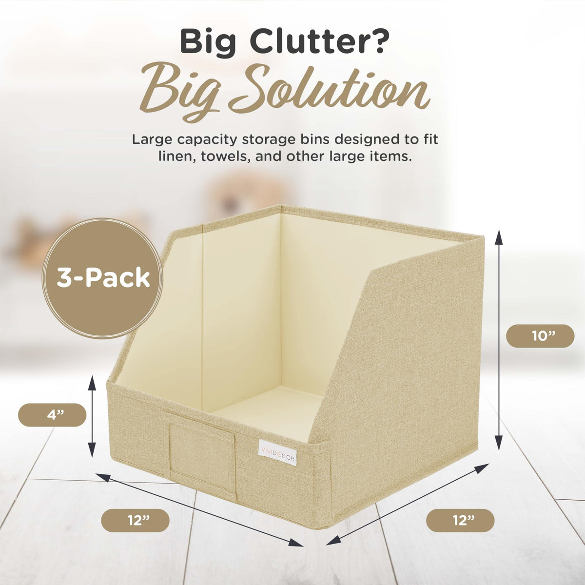 VIVIDECOR Trapezoid Storage Bins – 3-Pack Closet Shelf Organizer & Baskets, Open Front Bin for Shelves, Foldable Fabric Basket for Clothes, Cube Storage Bins, Towel, Clothing Shelf (Beige, 3 Pack)