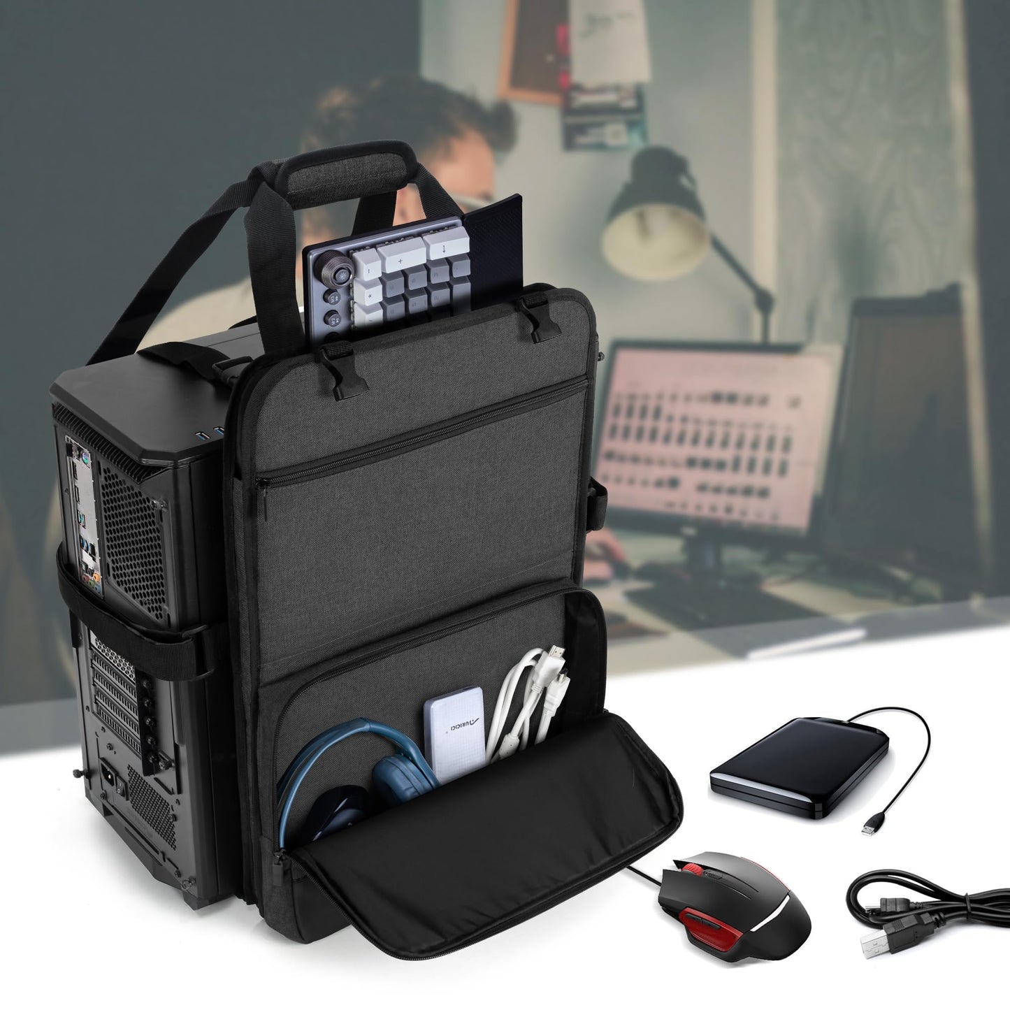 Trunab PC Tower Carrying Strap with Handle, Desktop Carrying Case with Pockets for Keyboard, Cable and Computer Accessories, Ideal for Transporting On The Go (Patented Design)