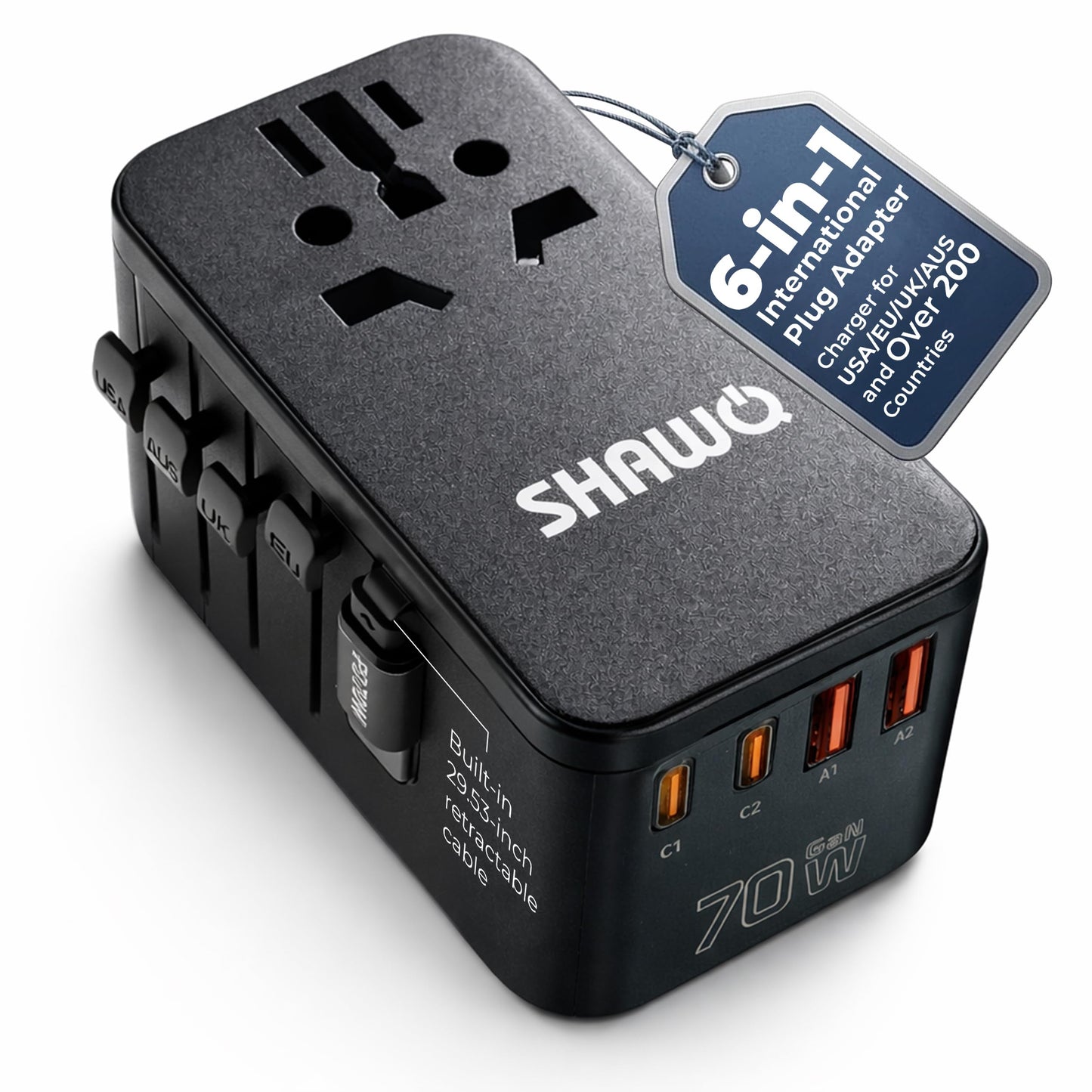 Universal Travel Adapter | 70W GaN International Power Adapter | Fast Charging for US, UK, EU, AU Plug | Laptops Tablets Phones