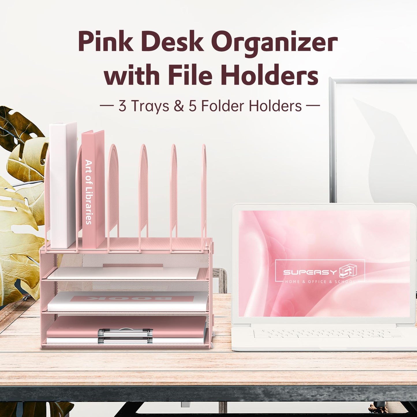DALTACK Paper Desk Organizer, 3-Tier Letter Tray with 5 Vertical File Holders, Multifunction Desk Organizer, Desktop File Folder Organizer, Desk Organizers and Accessories for Home Office, Pink