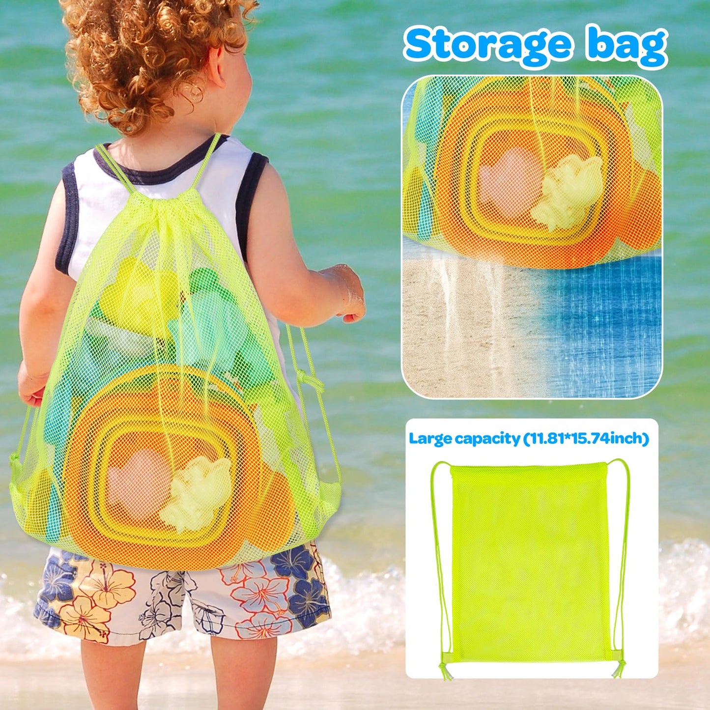 Collapsible Beach Bucket Kids Sandbox Toy 3 PCS Silicone Pail Set with Sand Molds, Shovel, Rake, Mesh Storage Bag for Toddlers Boys Girls Beach Essentials for Family Outdoor Travel Toy Age 3-10