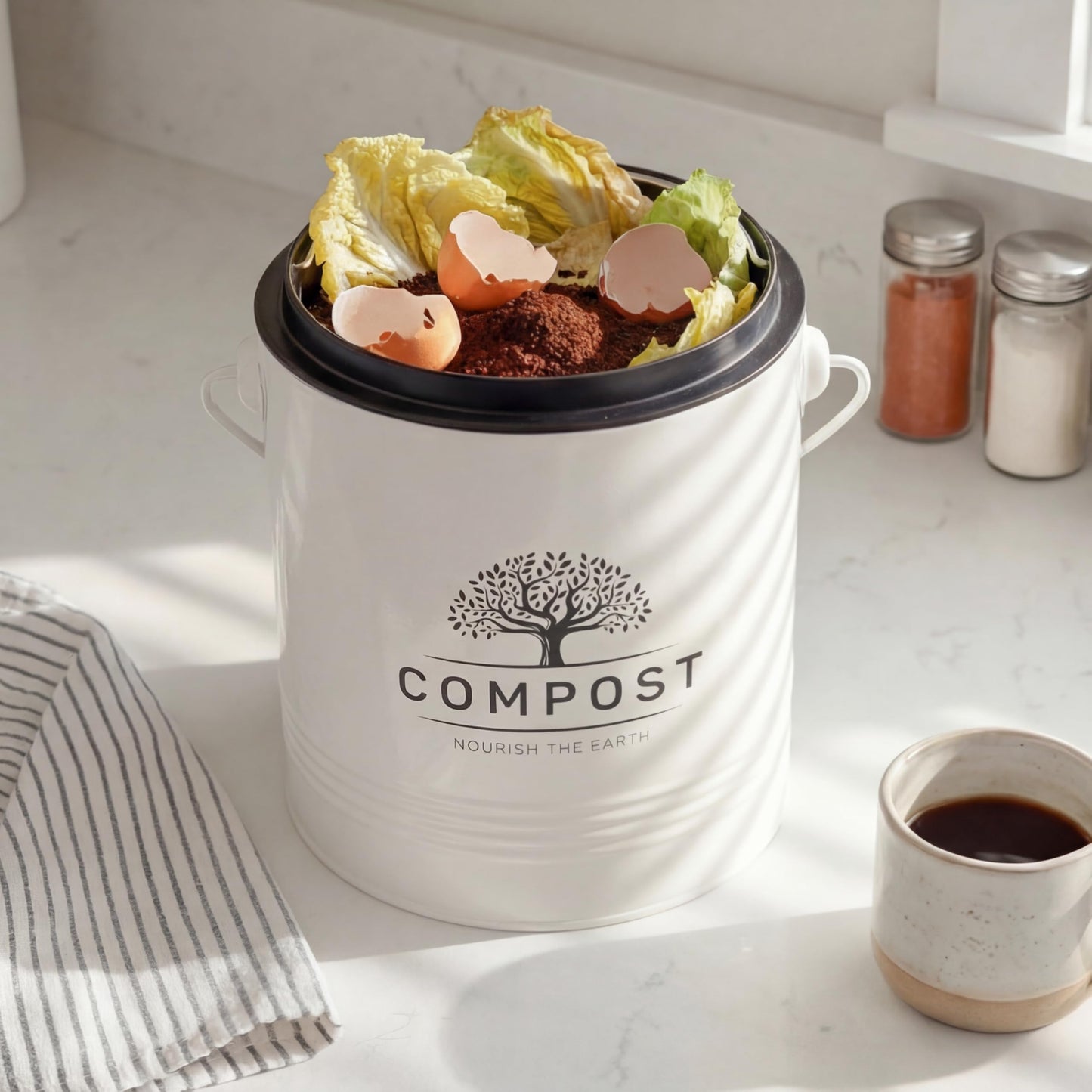 Perfnique Kitchen Compost Bin, 1.3 Gallon Countertop Compost Bin with Lid, Indoor Compost Bucket Includes Inner Bucket Liner and Carbon Filter, Small Compost Bin with Trash Bags (with Bags, Cream)