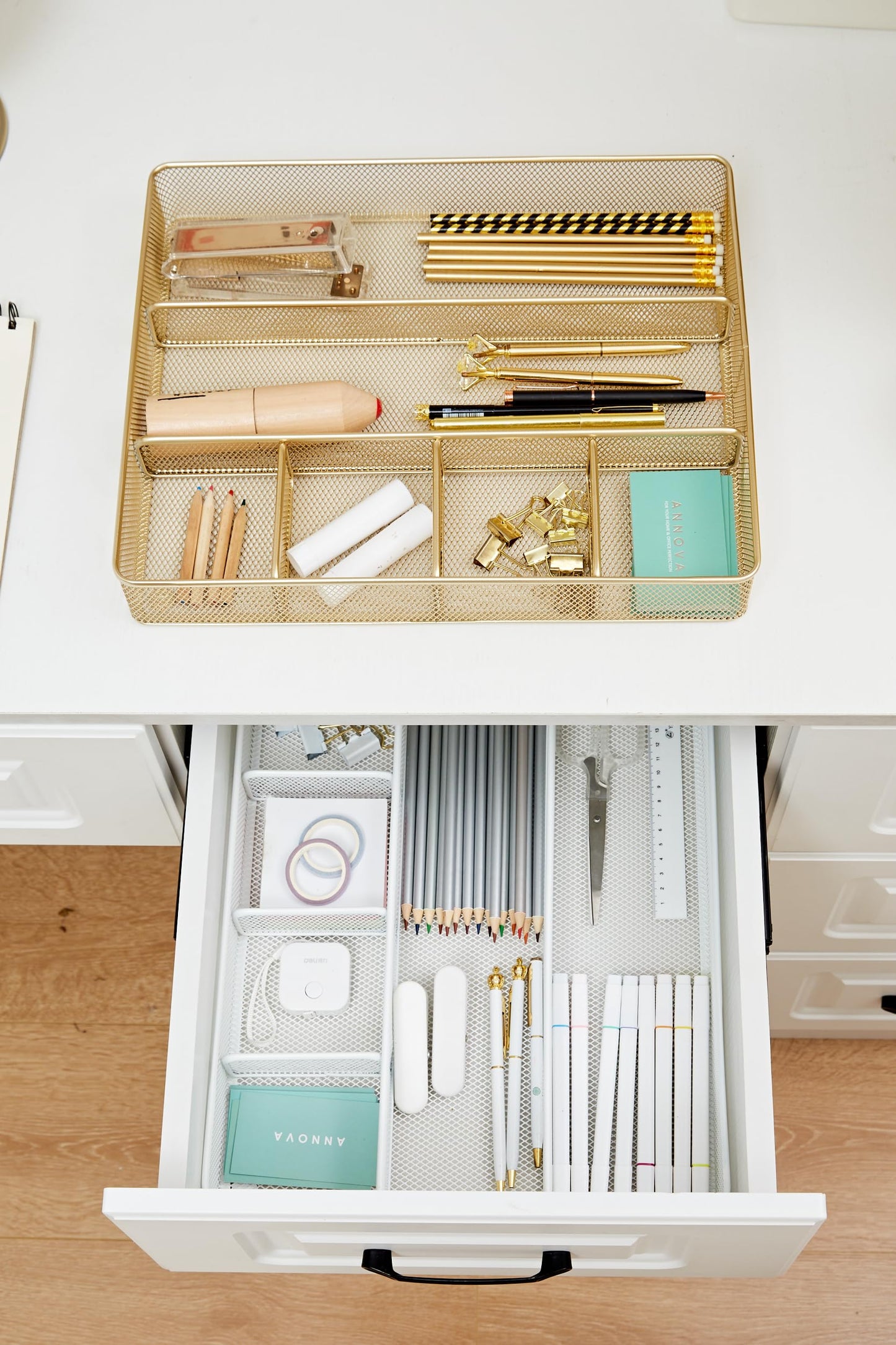 Annova Desk Drawer Organizer/Storage Tray - Metal Mesh with Dividers for Pens, Desktop Accessories, Bathroom, Kitchen, Makeup and Office Supplies (Gold)