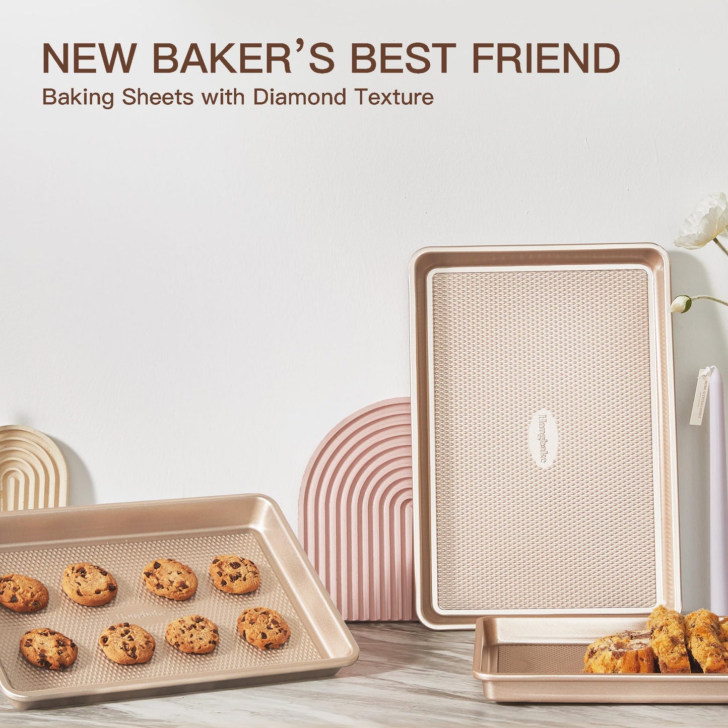 HONGBAKE Baking Sheet Pan Set, Cookie Sheets for Oven, Nonstick Half/Quarter/Jelly Roll Pans with Diamond Texture Pattern, Heavy Duty Cookie Tray