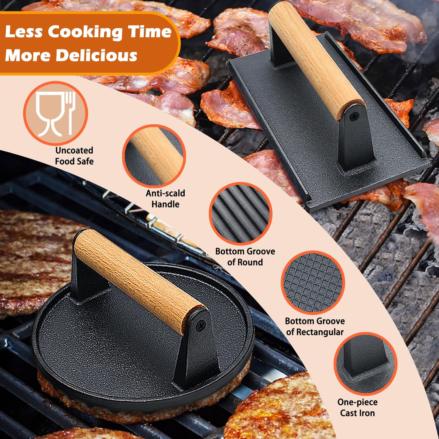 Smash Burger Press, Heavy-Duty Cast Iron Meat Press Hamburger Press with Heat Resistant Wooden Handle Hamburger Patty Maker Grill Bacon Sandwich Press Kit, 7" Round & 8.2"X4.3" Rectangle