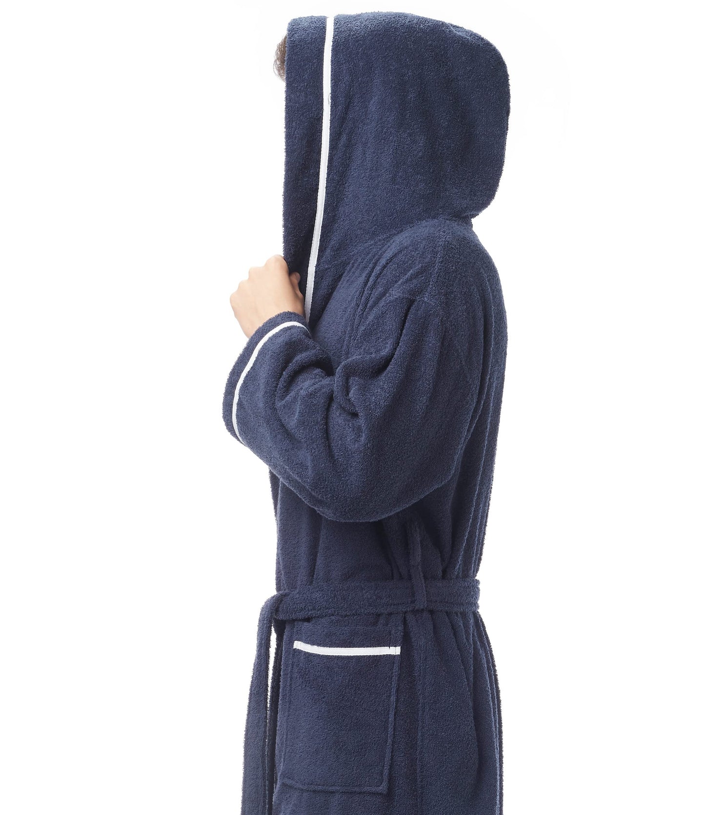 Arus Men's Hooded Classic Bathrobe Turkish Cotton Robe with Full Length Options, Navy Blue With White Border, XX-Large Extra Tall