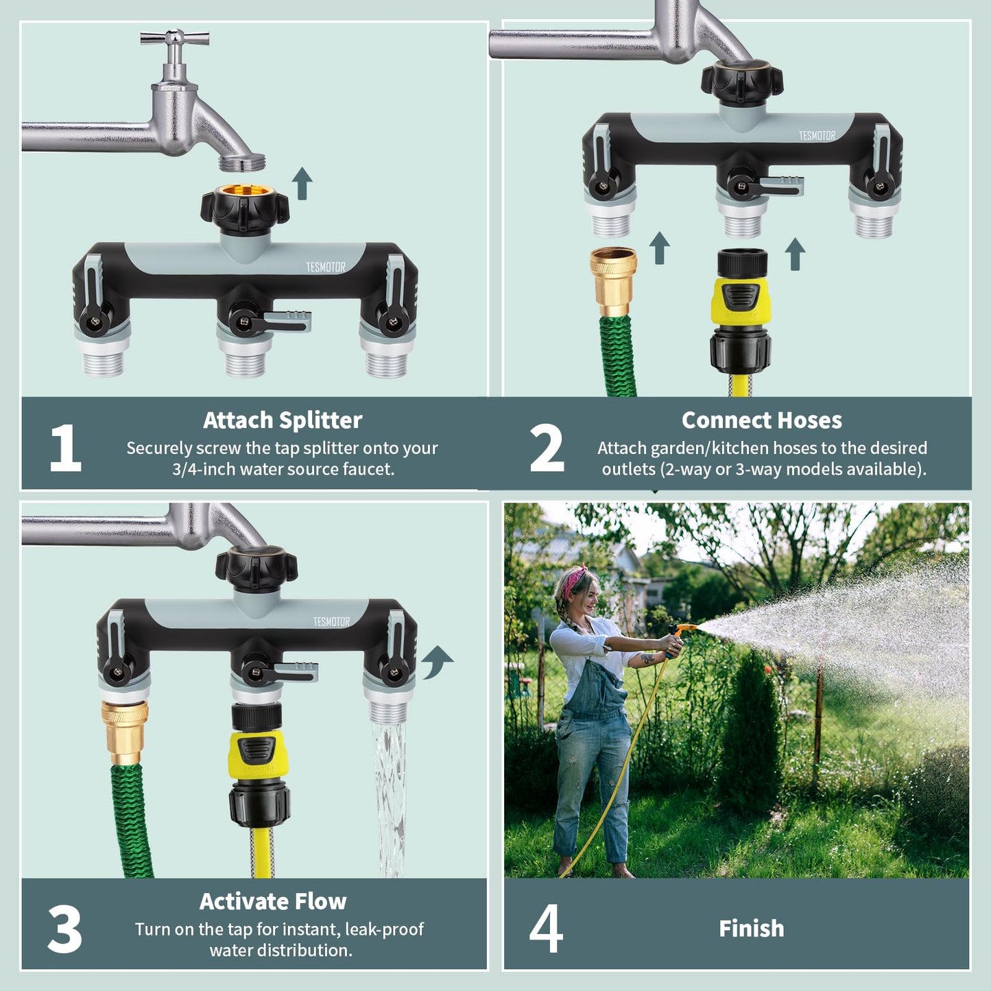 Tesmotor 3-Way Tap Splitter, 3/4 Inch 3 Way Hose Tap Splitter with 3 Individual Valves for Garden Kitchen Faucet