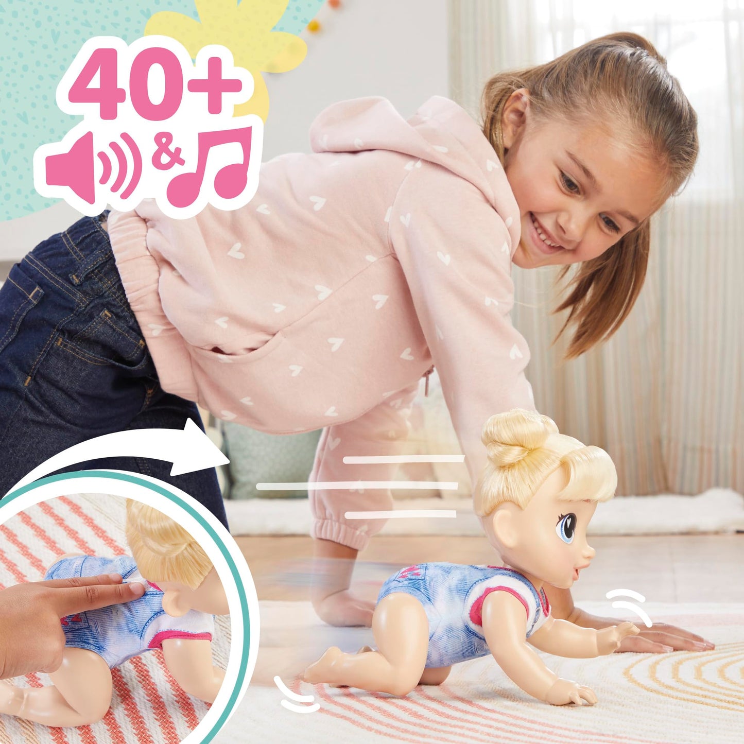 Baby Alive Crawl 'n Play Harper Hugs Electronic Crawling Baby Doll Set, Blonde Hair, Kids Toys for Girls & Boys 3 Years & Up, 10.75 Inches/27 cm