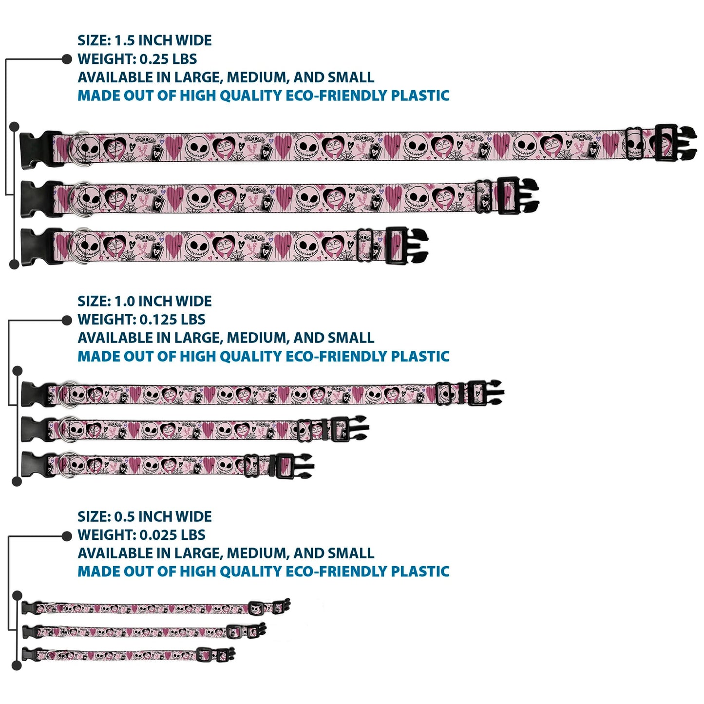 Disney Pet Collar, Dog Collar Plastic Buckle, The Nightmare Before Christmas Jack and Sally Doodles Pink, 8.5 to 12 Inches 0.5 Inch Wide