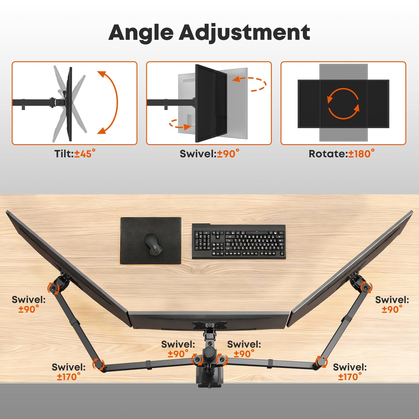 PUTORSEN Triple Monitor Mount for 13-27" Screens, 3-Screen Desk Mount with Full Motion & Height Adjust, Ergo Arm Holds 10kg (22lbs), VESA 75/100mm, Tilt/Swivel/Rotation, Clamp for Home/Office/Gaming