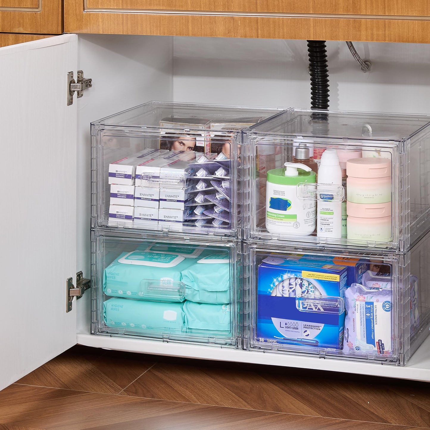 Vtopmart 4 Large Stackable Clear Acrylic Drawer Organizer with Handles, Easy Assembly for Bathroom, Kitchen Cabinet, Closet, Makeup