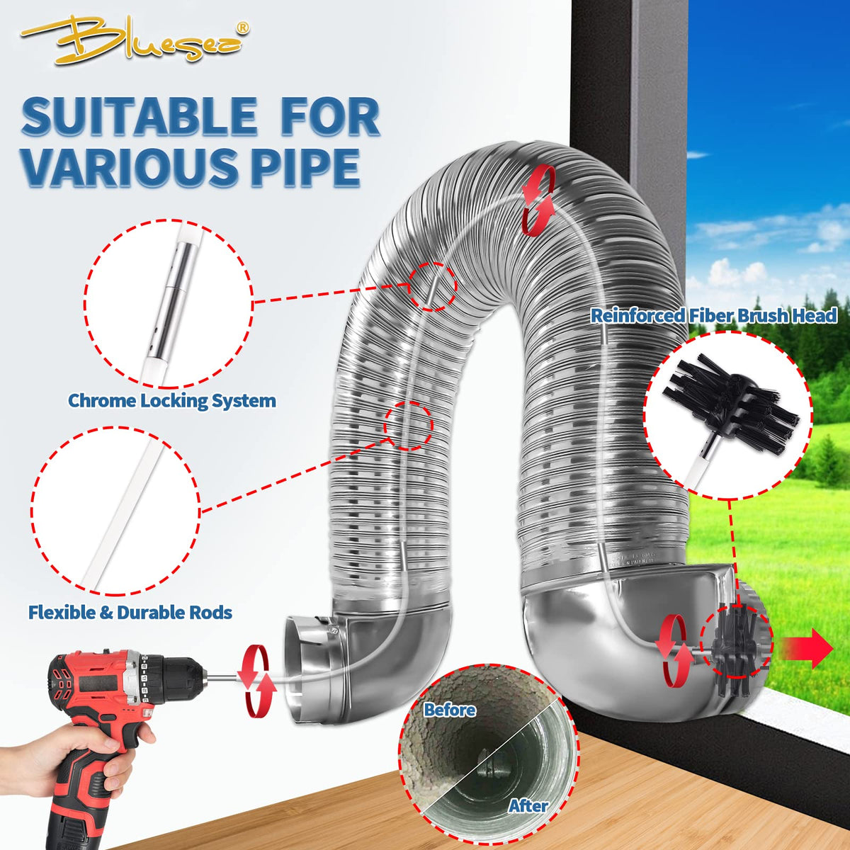 Bluesea 40 Feet Dryer Vent Cleaning Kit, Strong Nylon Cleaning System with Flexible Lint Trap Brush, Vacuum Attachment, and Adapters