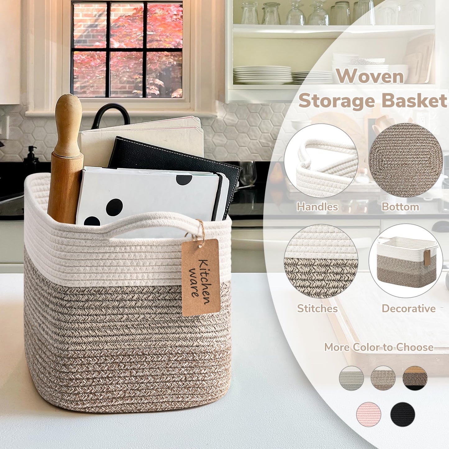 Goodpick Organizing Baskets, 13 x 10 x 9 Inches, Woven Storage Baskets for Shelves, Baby Gift Basket for Nursery, Small Decorative Laundry Basket 3 Pack, panier rangement, White & Brown