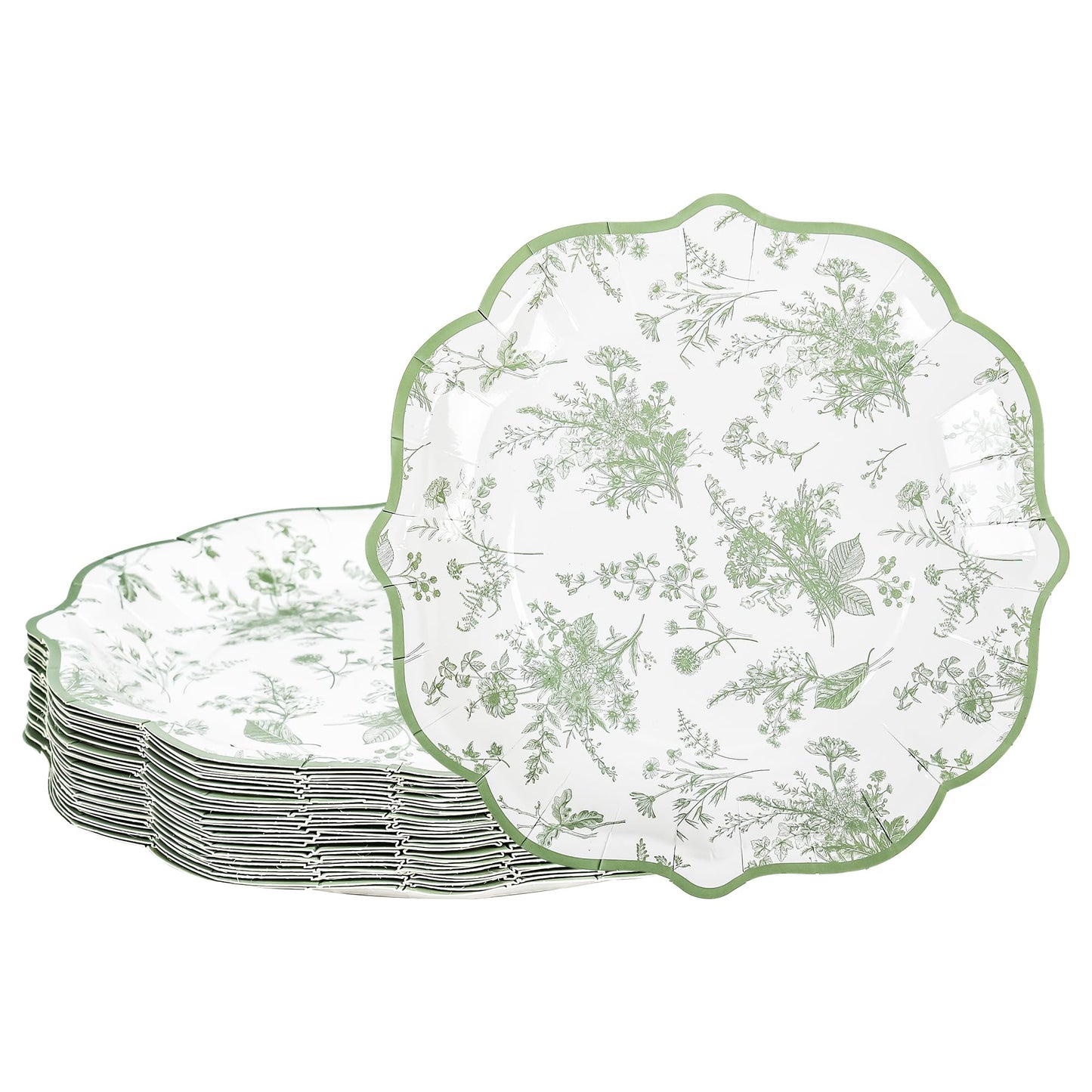 Elyxio Sage Green Floral Party Plates White Green Toile Disposable Paper Plates Flower Leaf 9" Scalloped Edge Dinner Plates for Bridal Baby Shower Wedding Tea Party Supplies Table Decor (48)