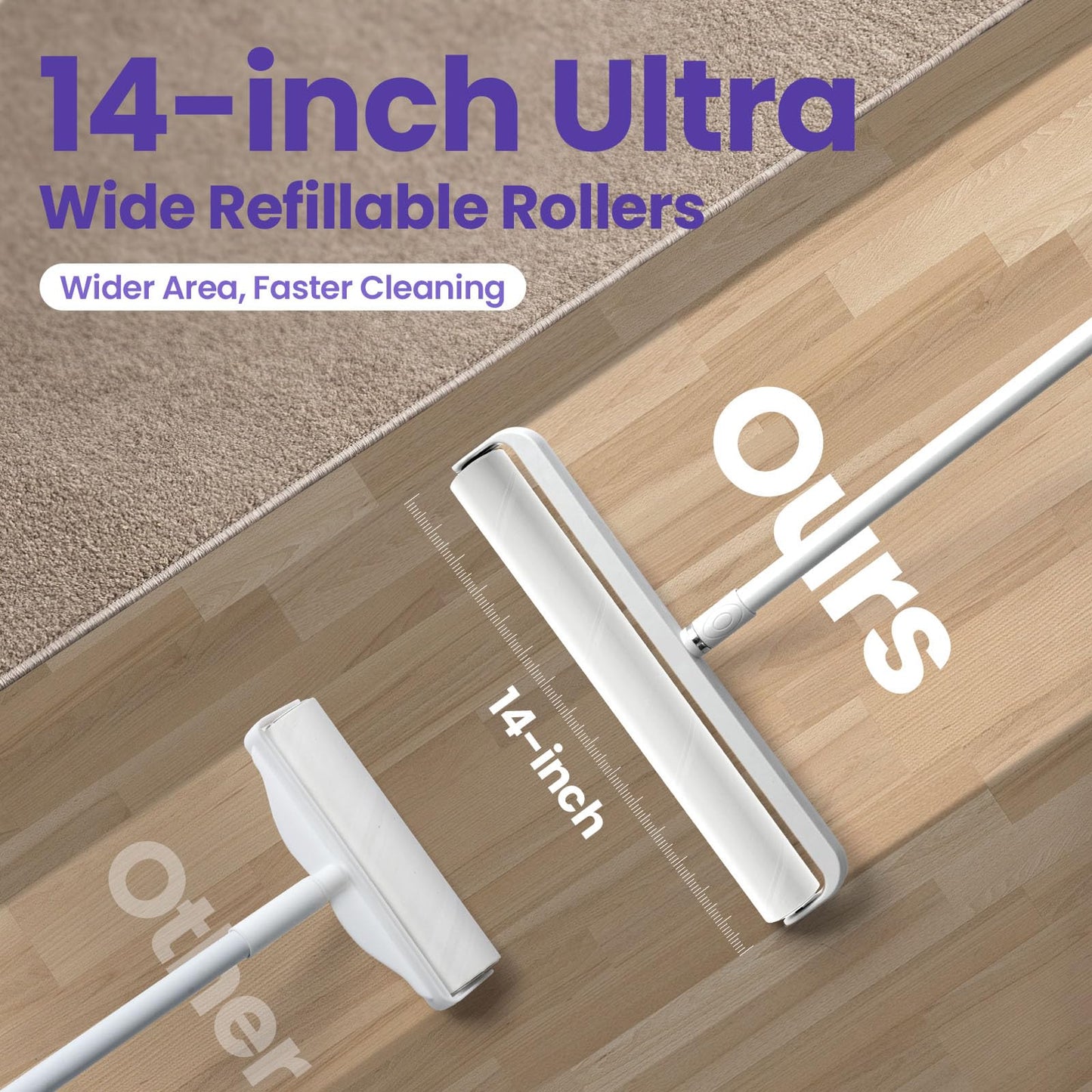 DELOMO 14.17" Extra Large Lint Rollers for Pet Hair, Sticky Rollers for Floor with 3 Extendable Handle & 4 Refills (200 Sheets), Long Handle Sticky Mop for Cleaning Carpets, Couches, Furniture, Cars