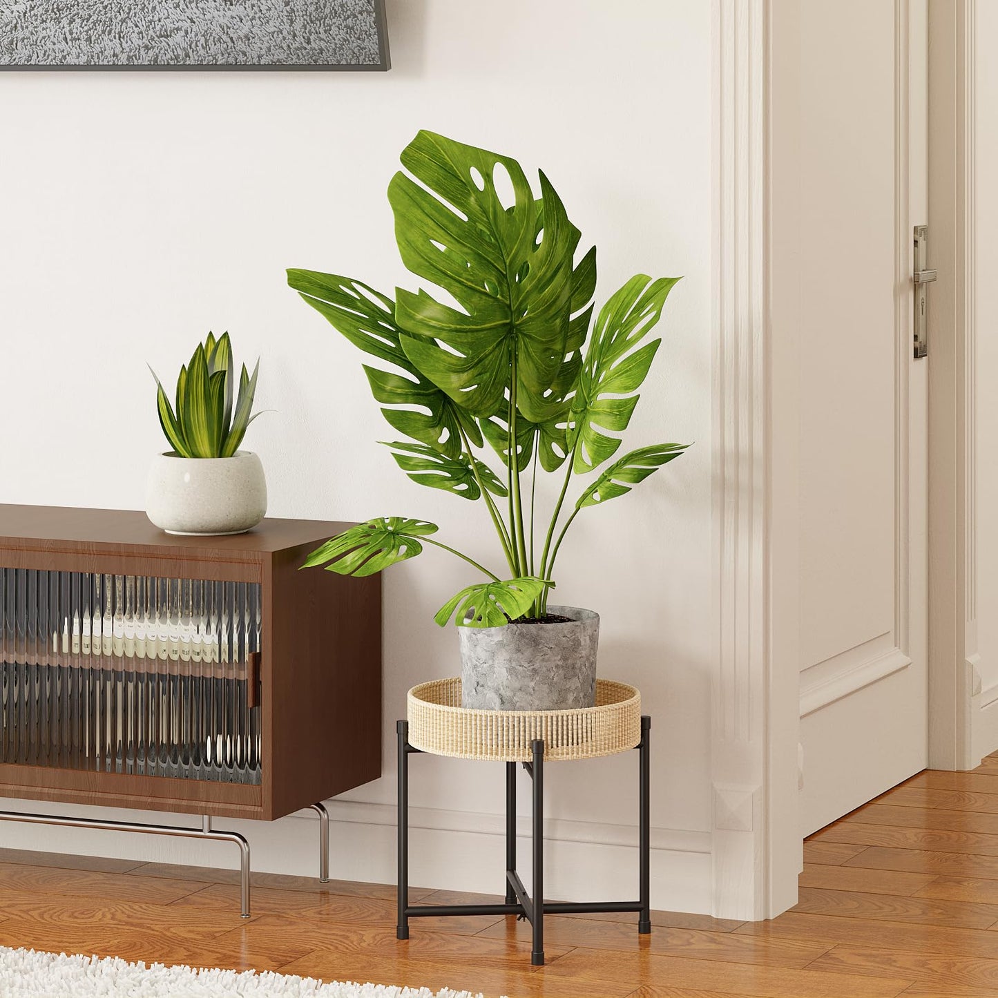 Bamworld Round Plant Stand Rattan Plant Shelf Plant Table Handwoven Rope End Table Coffee Table for for Small Spaces Elegant Flower Holder for Patio Balcony