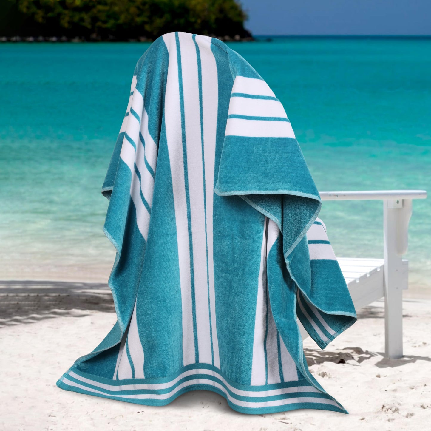 Superior Collection Luxurious Jacquard Cotton Beach Towels, Oversized, Turquoise Cabana Stripes