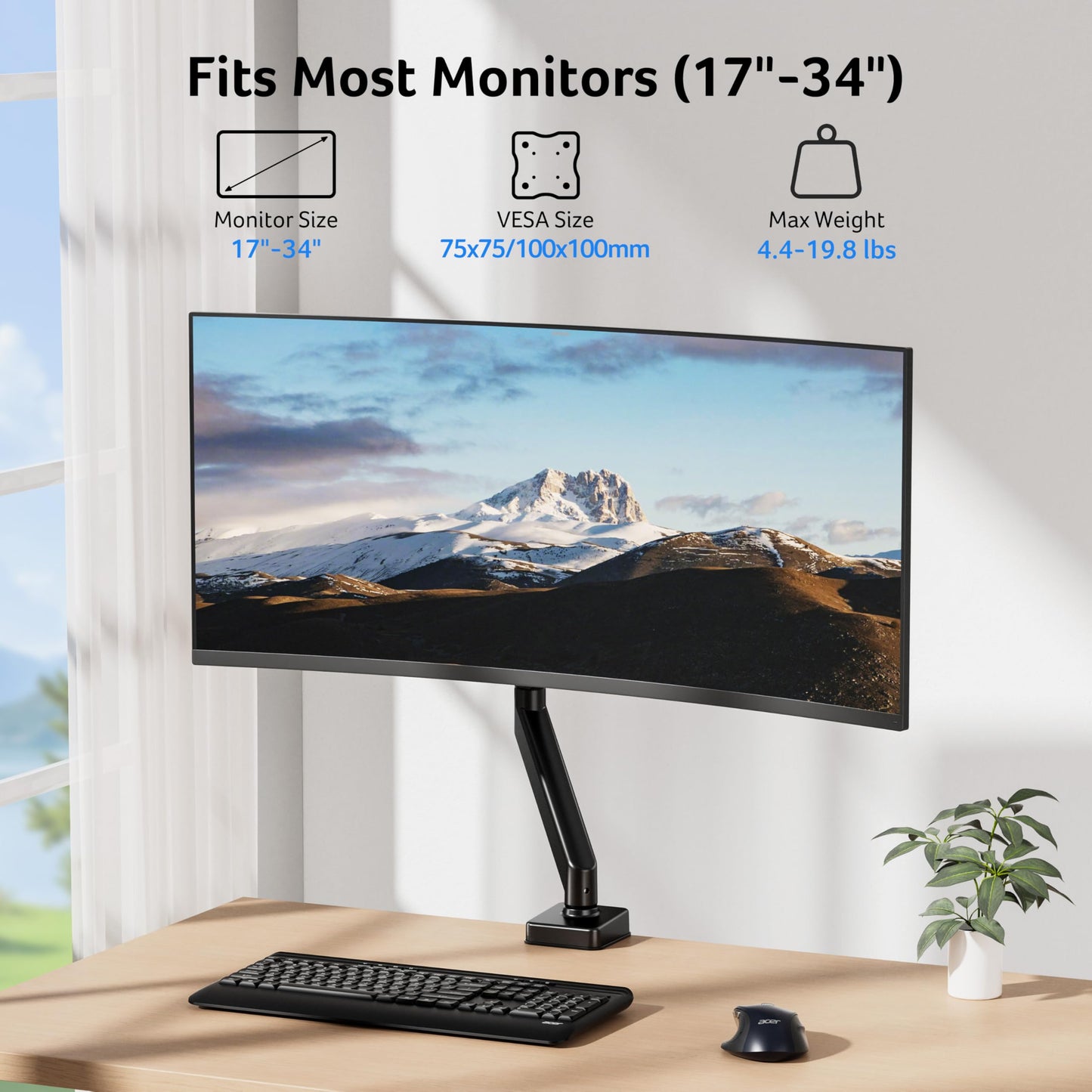 Acer Single Monitor Arm, 17 to 34 Inch Gas Spring Monitor Stand, Adjustable Desk Mount with VESA 75/100mm, C-Clamp/Grommet Base for 4.4 to 19.8lbs LCD Monitor