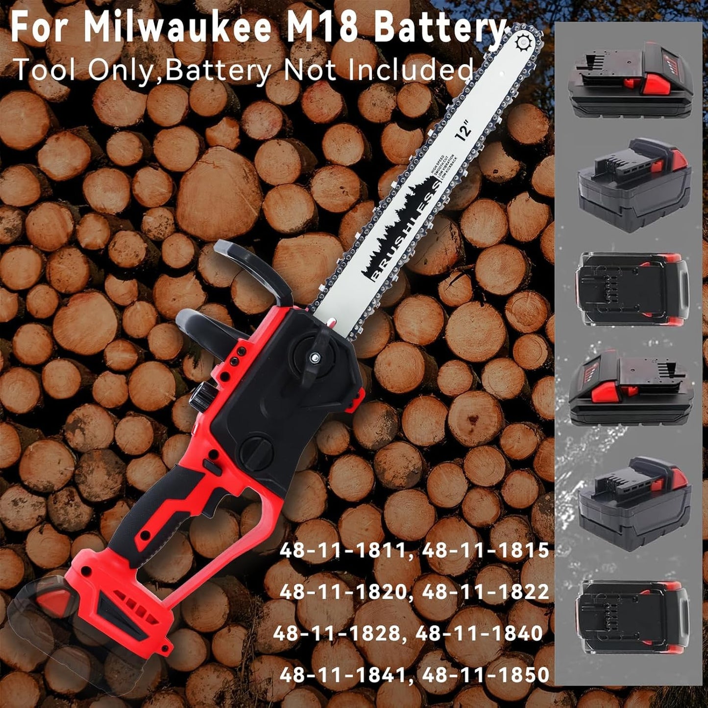 Cordless Chainsaw 12Inch Compatible with Milwaukee M18 Battery, Brushless 12-Inch &10Inch Chainsaw with Auto Oiler, Handheld Chain Saw for Wood Cutting, Garden Pruning(Tool Only, NO Battery)