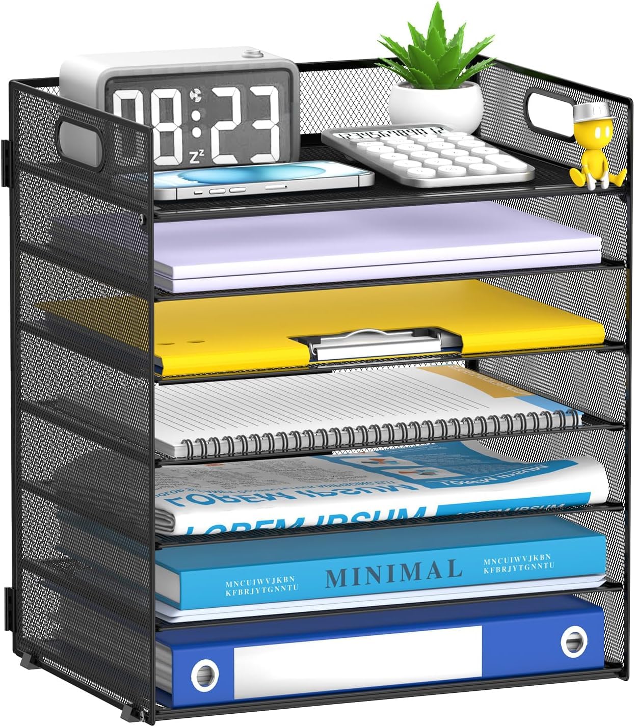 Reeplan 7-Tier Paper Organizer for Desk, Mesh Desk File Organizer with Handle, Paper Letter Tray File Sorter for Office Home School (Black)