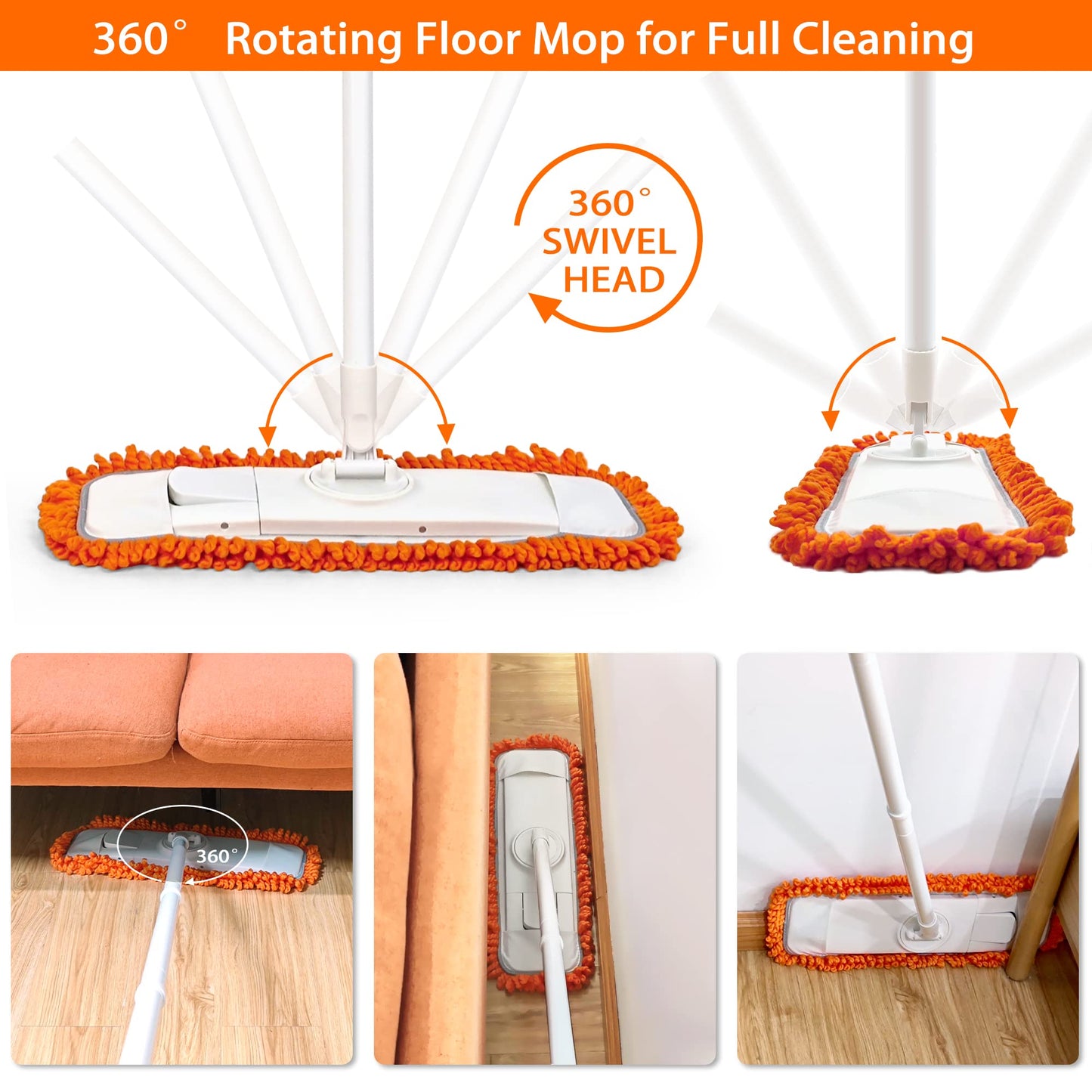 Dust Mop for Floor Cleaning with 1 Washable Microfiber Pads - JEHONN Dry Wet Flat Mop with Scouring Pad for Hardwood, Laminate, Tile, Marble