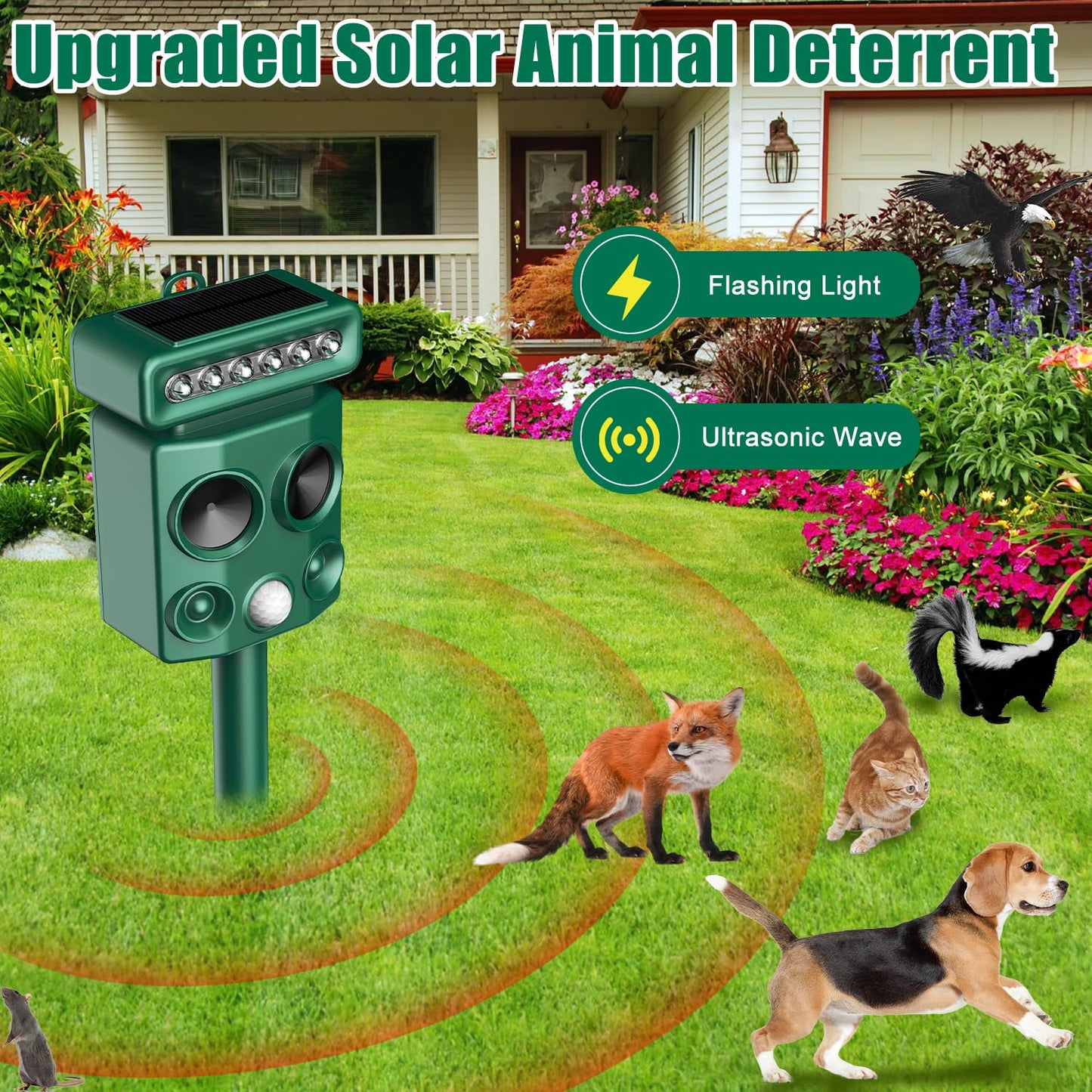 3T6B Animal Deterrent, Solar Powered Animal Deterrent, Cat Control Device with Motion Sensor and FIashing Light, Waterproof Squirrel Chase Device for Home Yard for Deer Raccoon Bobcats