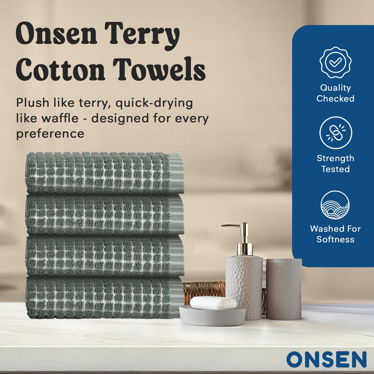 ONSEN Terry Cotton Towels (Spruce, 4X Face Towels) - Quick Drying, Lightweight, and Space Saving Design
