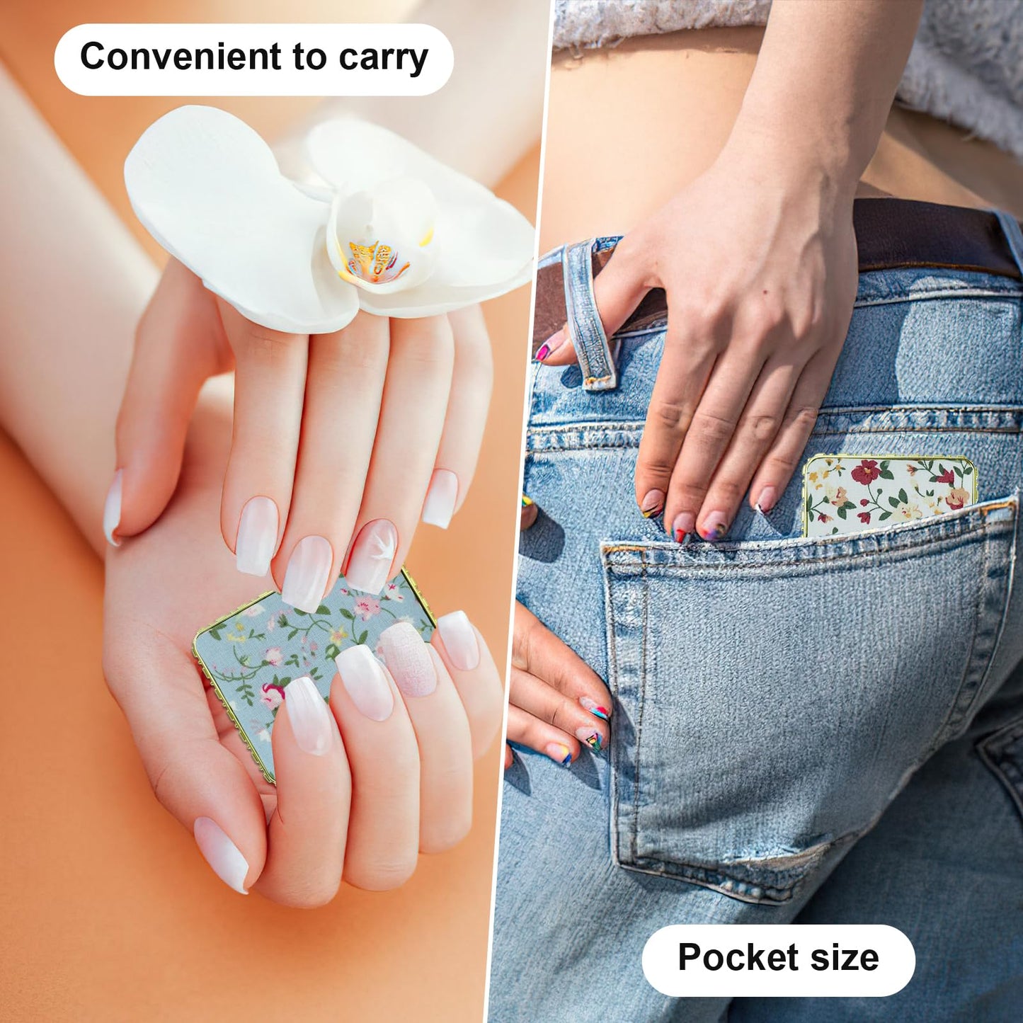 32 Pcs Compact Mirror Bulk for Purse, Portable Elegant Mini Flower Pocket Mirror, Folding Floral Retro Mirror for Women Makeup Travel Wedding Party Gifts (Gold Edge)