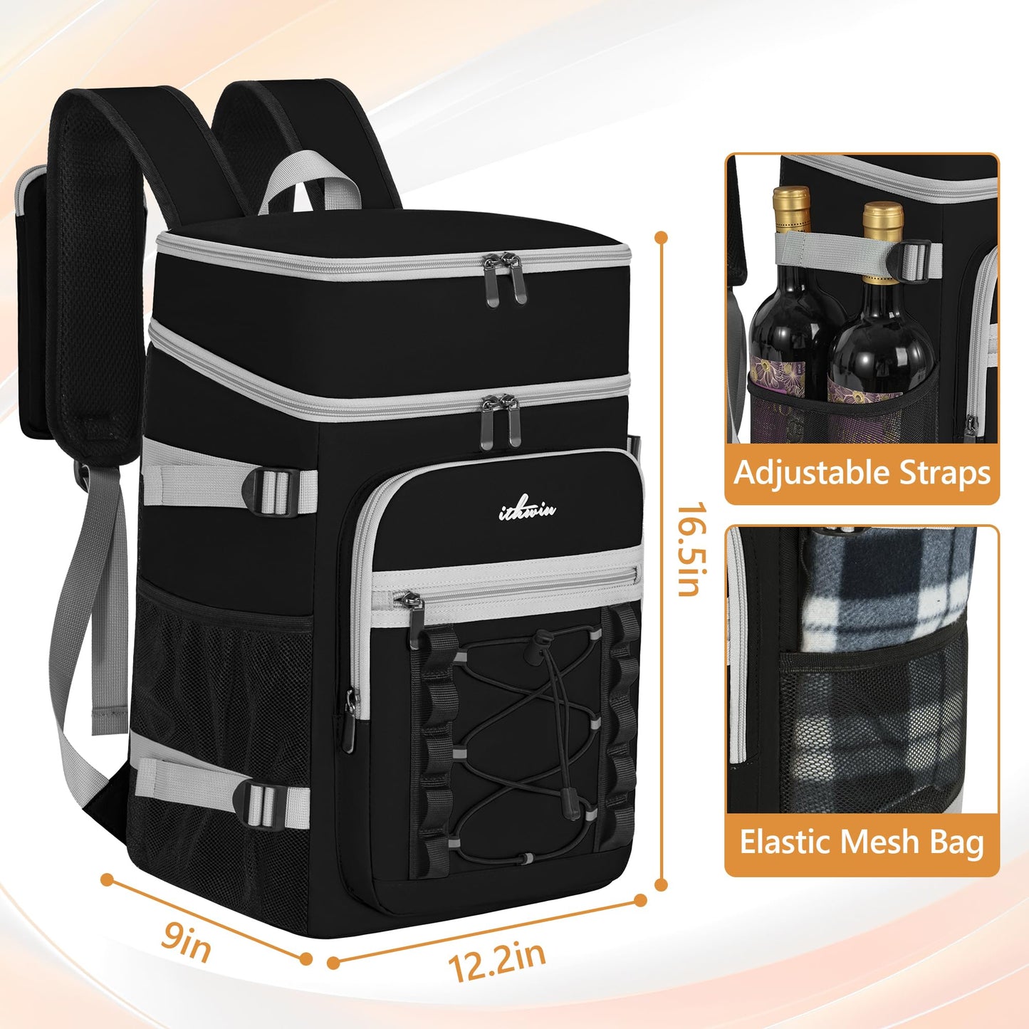 ITHWIU Insulated Cooler Backpack, 2 Insulated Compartments Thermal Bag, Large Leakproof Cooler Bag, Holds 40 Cans of Beverages for Camping Cooler Beach Travel Picnic(Black)