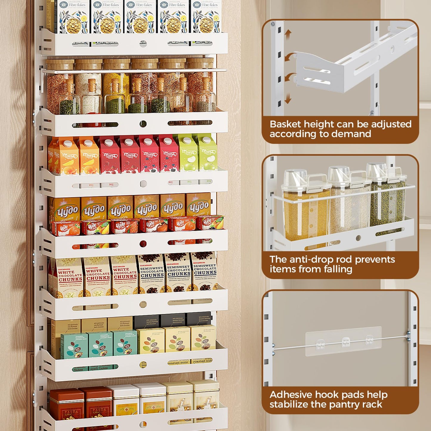 8-Tier Over The Door Pantry Organizer, Large 2 IN 1 Wall Mount or Hanging Spice Rack, Pantry Door Organizer and Storage with Adjustable Basket, Door Spice Rack for Pantry, White