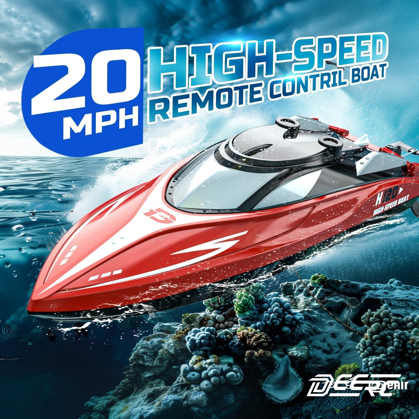 DEERC H120 RC Boat for Kids & Adults, 20+MPH Fast Remote Control Boat for Pool & Lake, 2.4GHz Racing Boat W/Rechargeable Battery, Low-Battery Alarm, Capsize Recovery, Great Gift for Boys Girls