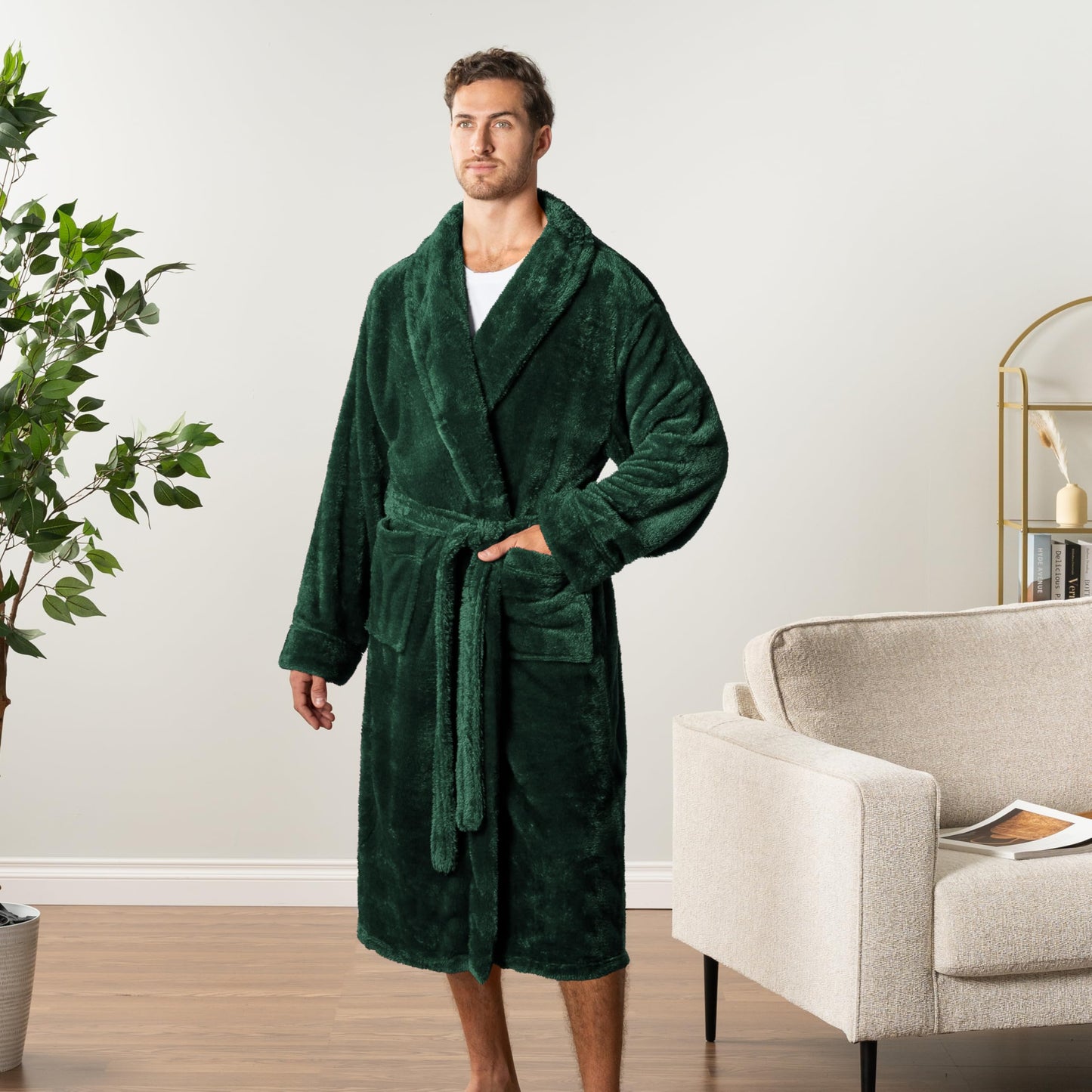 PAVILIA Mens Soft Robe, Plush Fluffy Fleece Bathrobe Men, Long Sherpa Shaggy Fuzzy Spa Bath Robe, Green, Small-Medium