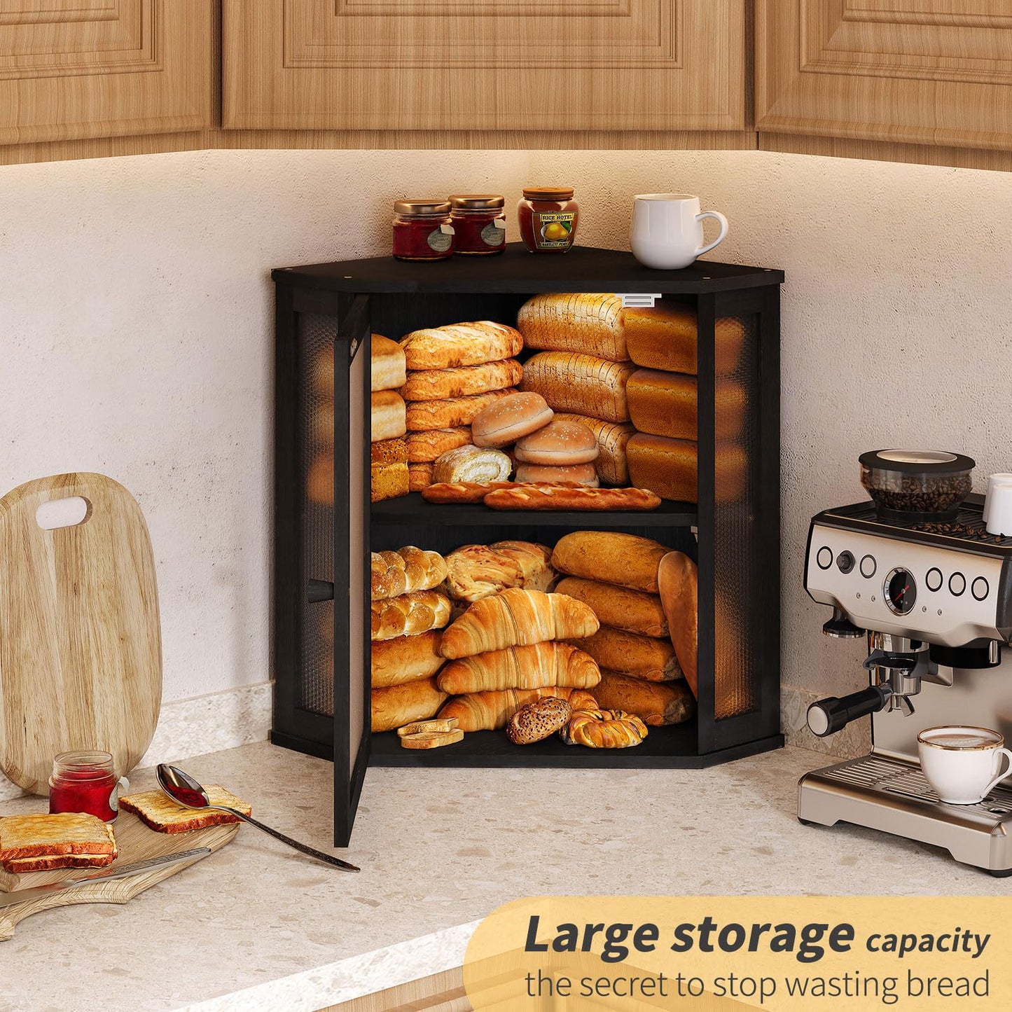 Furshus Corner Bread Box for Kitchen Countertop,Bread Storage for Homemade Bread, Double Layer Large Bamboo Kitchen Storage Bin with Window (Black, Large)