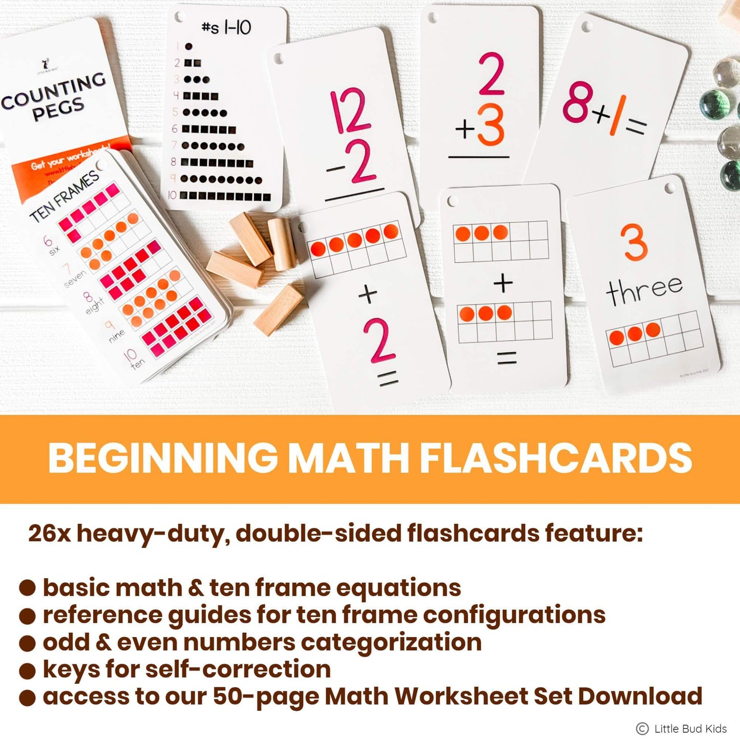 LITTLE BUD KIDS Counting Pegs Ten Frame Math Game - Number Peg Boards with Addition & Subtraction Flash Cards, A Number Learning Resources Toddler Math Puzzle & Kindergarten Montessori Toy