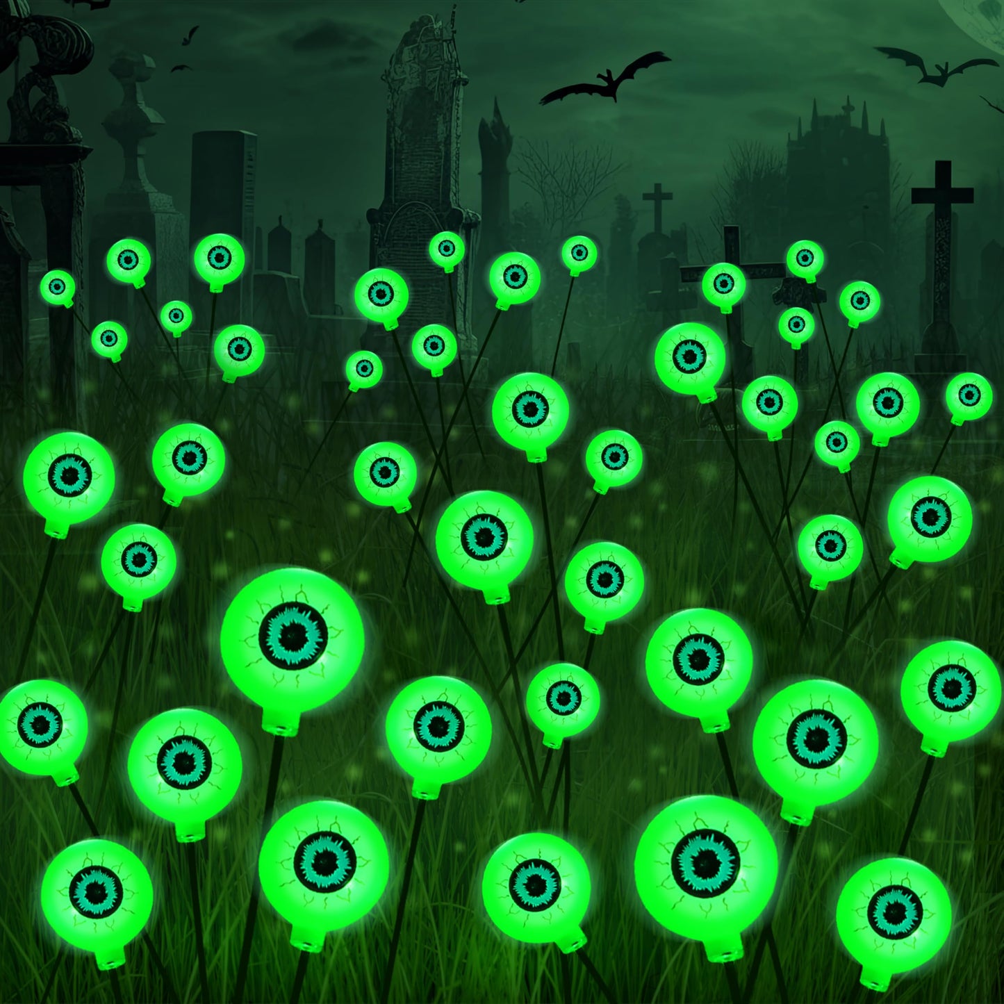 JOYIN Halloween Decorations Outdoor Solar Scary Eyeball Lights, 8 Pcs 48LEDs Green Pathway Yard Stakes, Waterproof Firefly Lights for Halloween Graveyard Yard Garden Patio Walkway Party