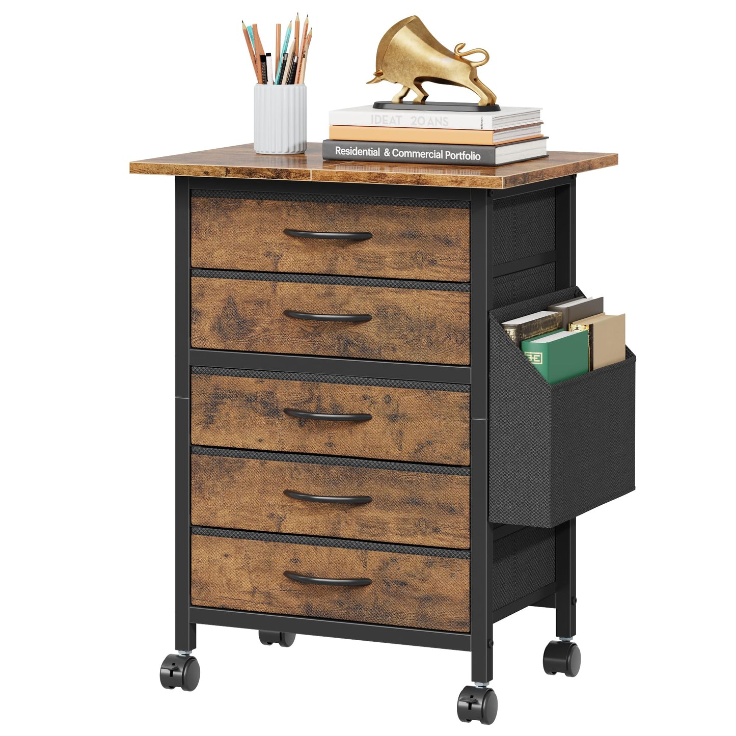 HIGDBFE 5 Fabric Drawers File Cabinet with Side Pocket, Rolling Filing Cabinet Printer Stand with Storage for Home Office, Wooden Top Storage Cabinet for Documents and Crafts, Rustic Brown, 15" D