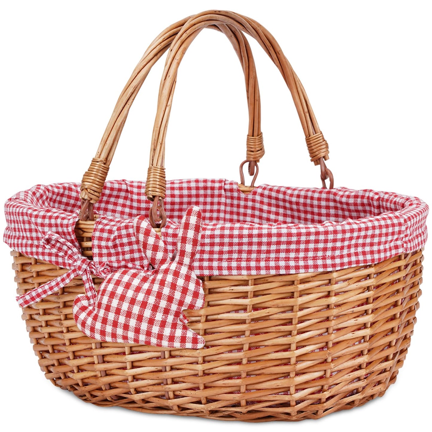G GOOD GAIN Wicker Picnic Basket with Double Folding Handles,Willow Picnic Hamper,Natural Hand Woven Easter Basket,Easter Eggs and Candy Basket,Bath Toy and Kids Toy Storage,Gift Packing Basket.Red
