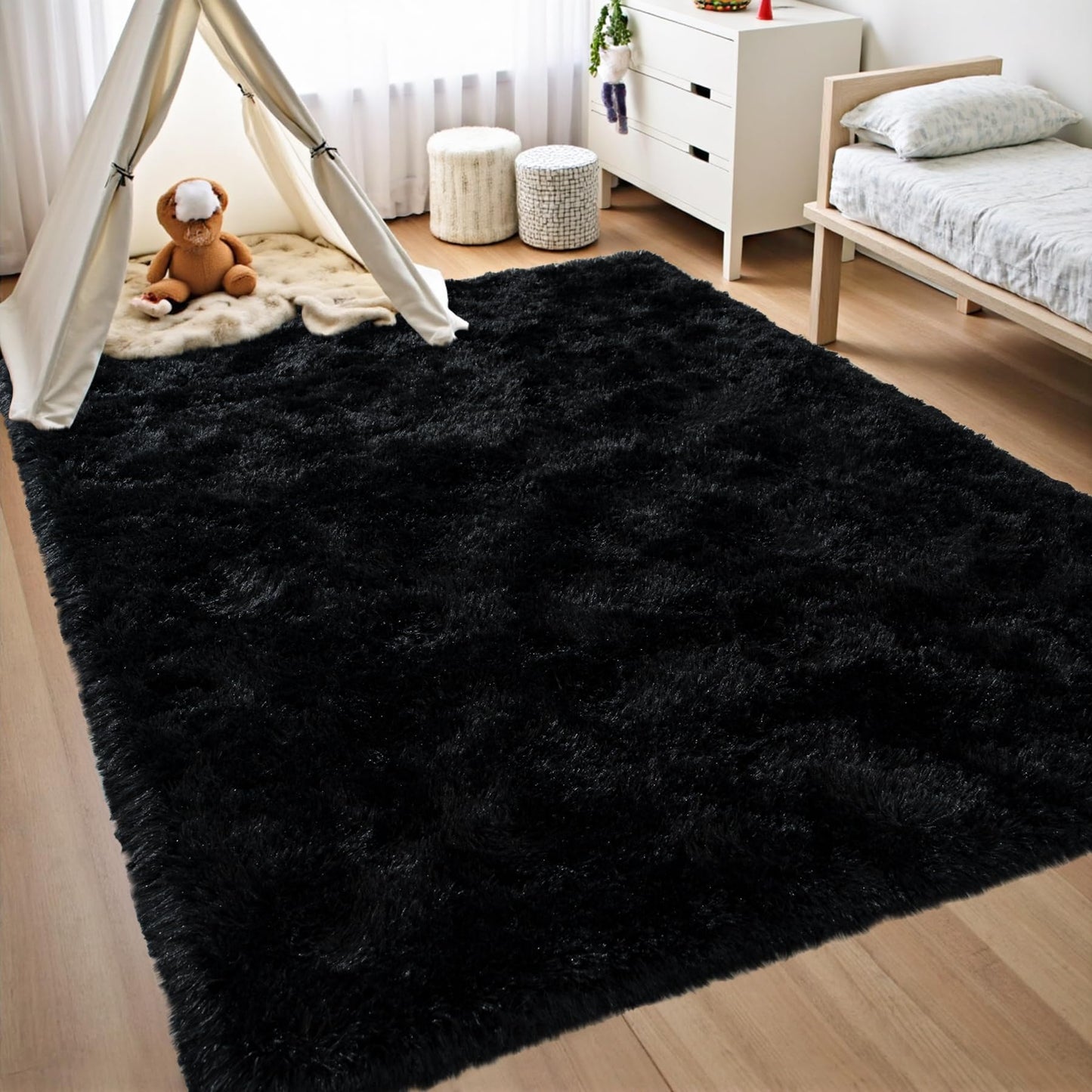 FLCODE Area Rugs for Living Room,4x6 Fluffy Black Rugs for Bedroom,Soft Thick Shag Washable Bedside Throw Carpet for Kids Room,Non-Slip Shaggy Nursery Rug