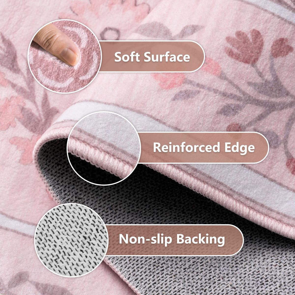 Dadasgk Area Rug 5x7 Washable Rugs for Living Room, Pink Boho Floral Rugs for Bedroom Nursery Girls, Soft Non-Slip Low-Pile Large Carpet for Kids Room Playroom Dorm Dining Room, Light Pink Cute